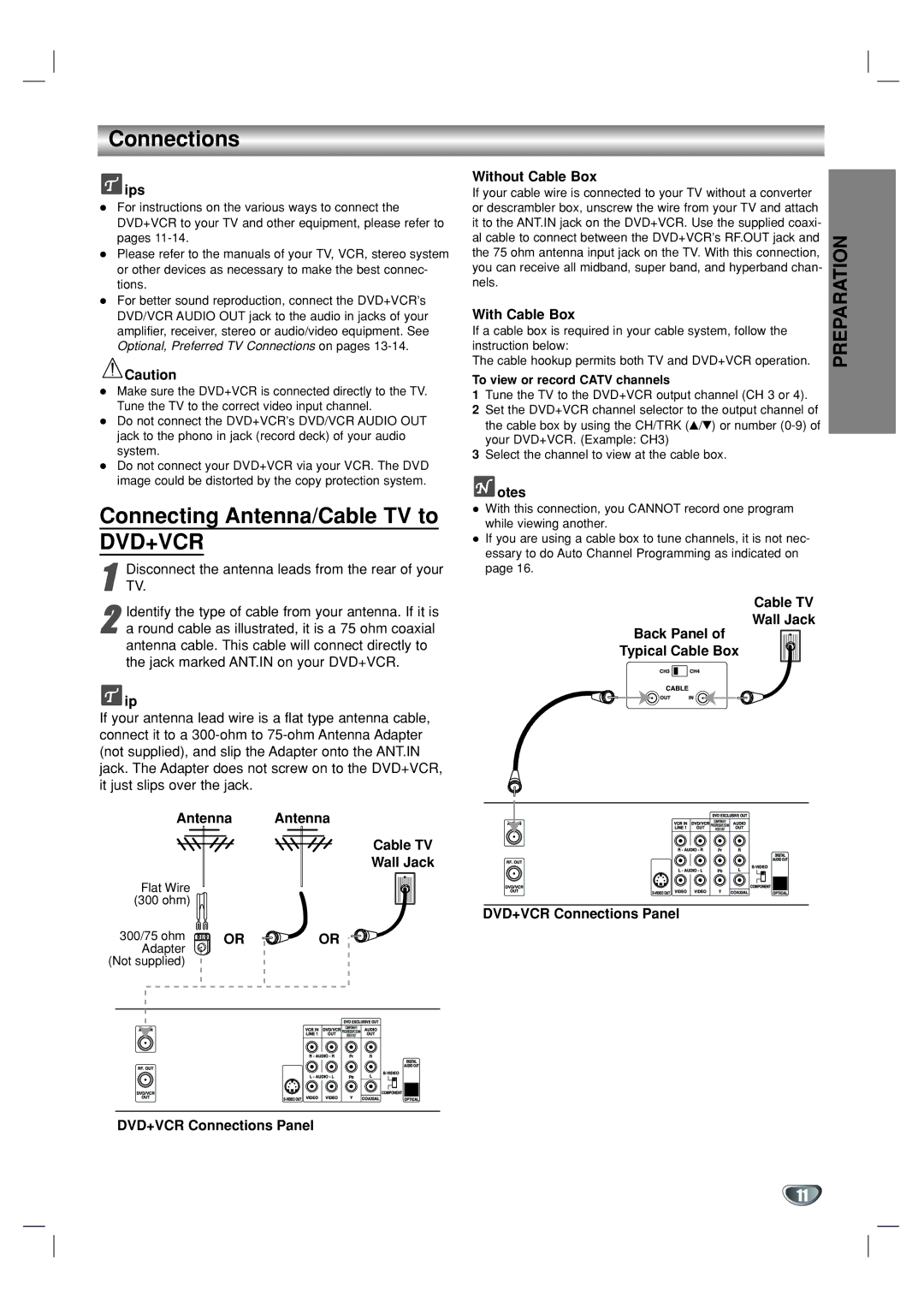 GoVideo DV1130 manual Connections, Connecting Antenna/Cable TV to 