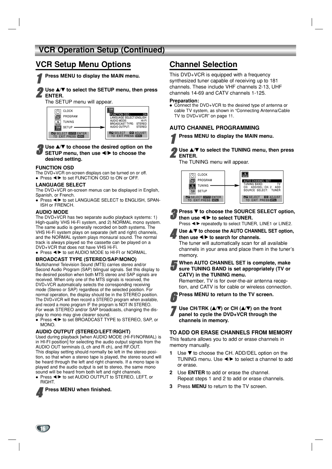 GoVideo DV1130 manual VCR Operation Setup VCR Setup Menu Options, Channel Selection 