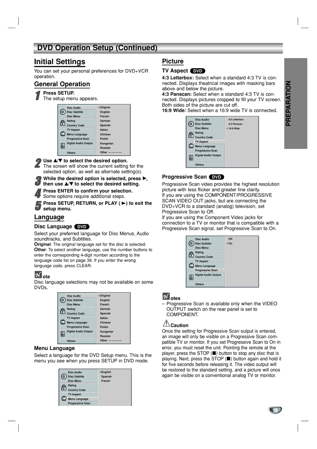 GoVideo DV1130 manual DVD Operation Setup Initial Settings, General Operation, Language, Picture 