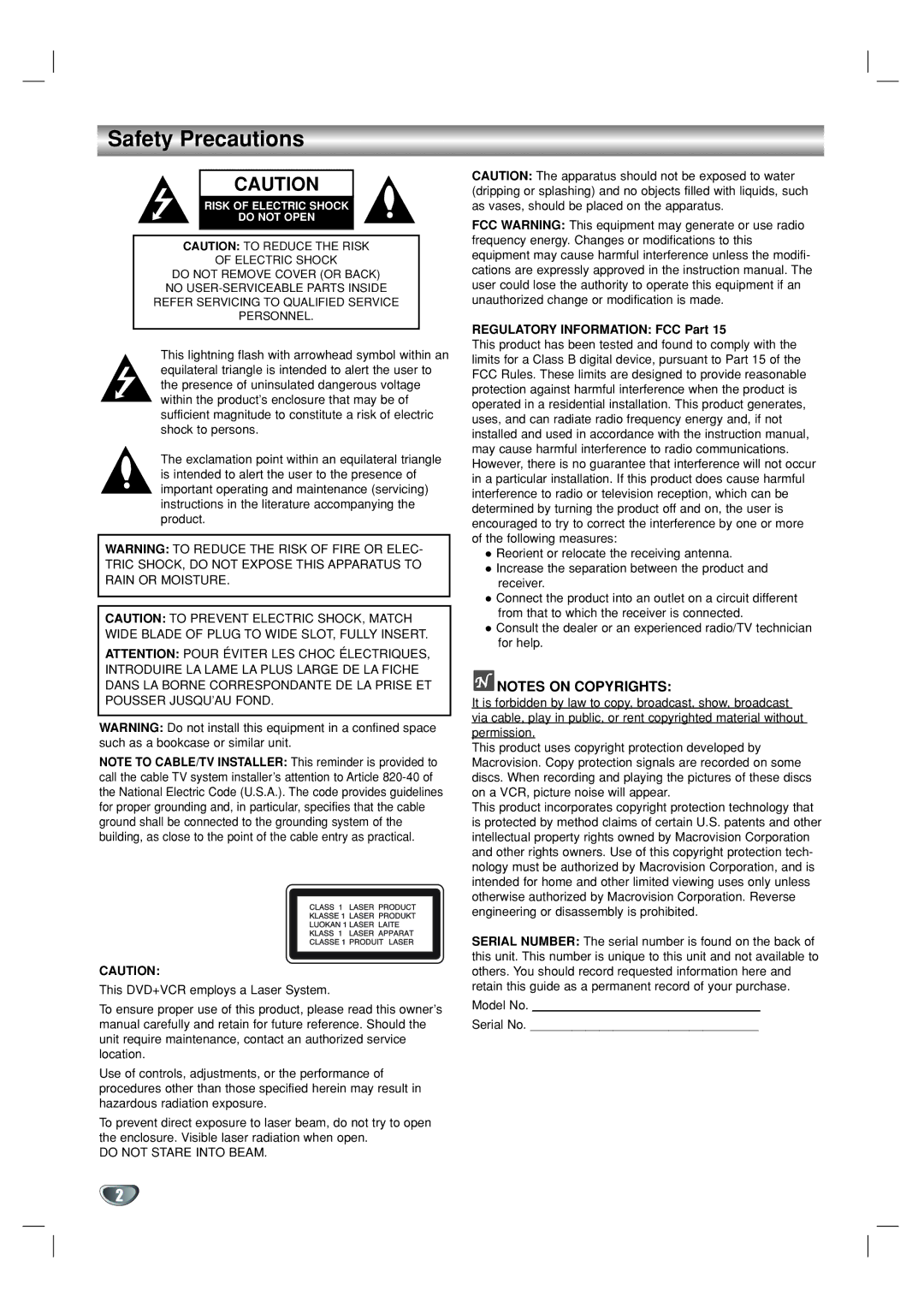 GoVideo DV1130 manual Safety Precautions, Regulatory Information FCC Part 