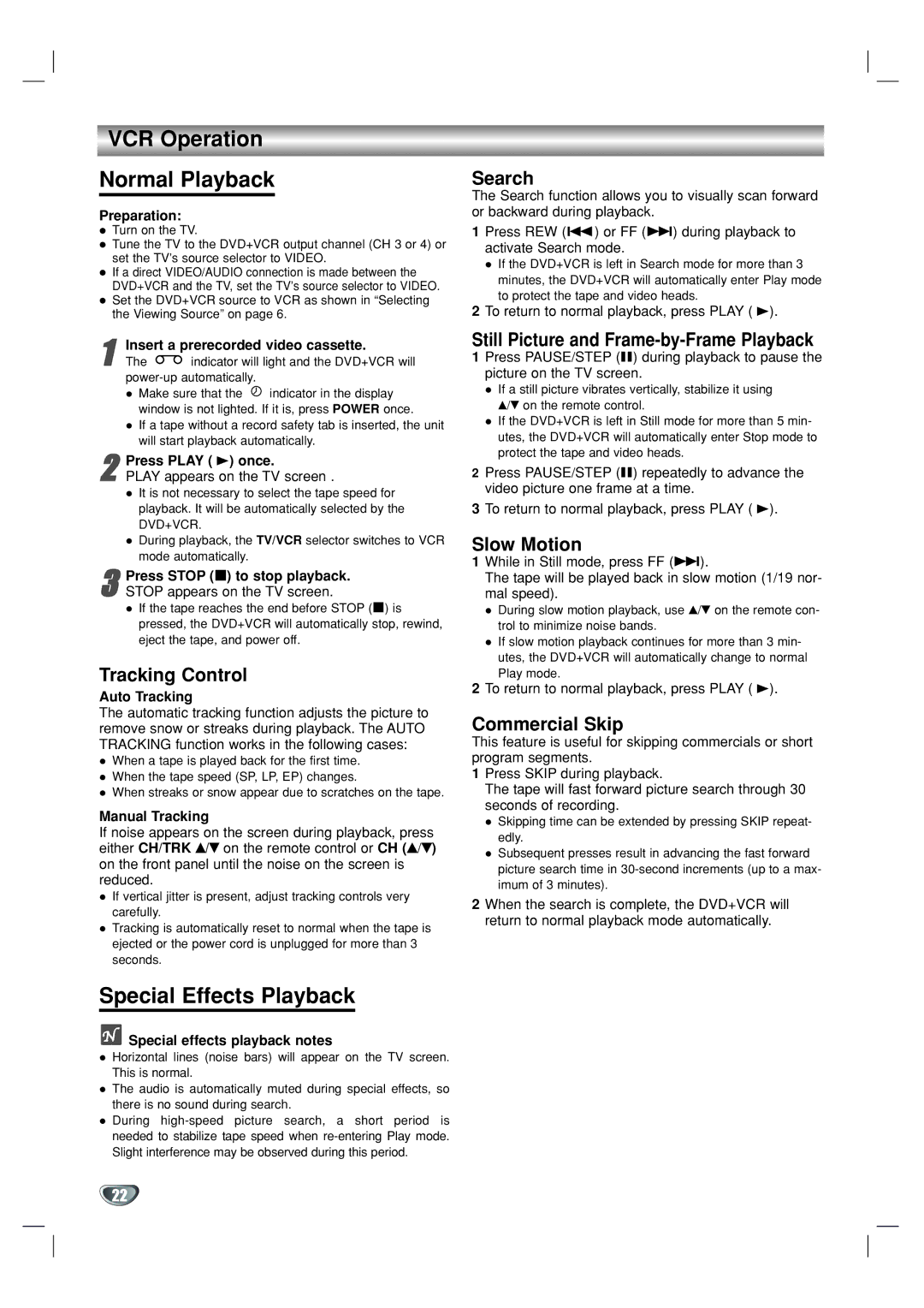 GoVideo DV1130 manual VCR Operation Normal Playback, Special Effects Playback 