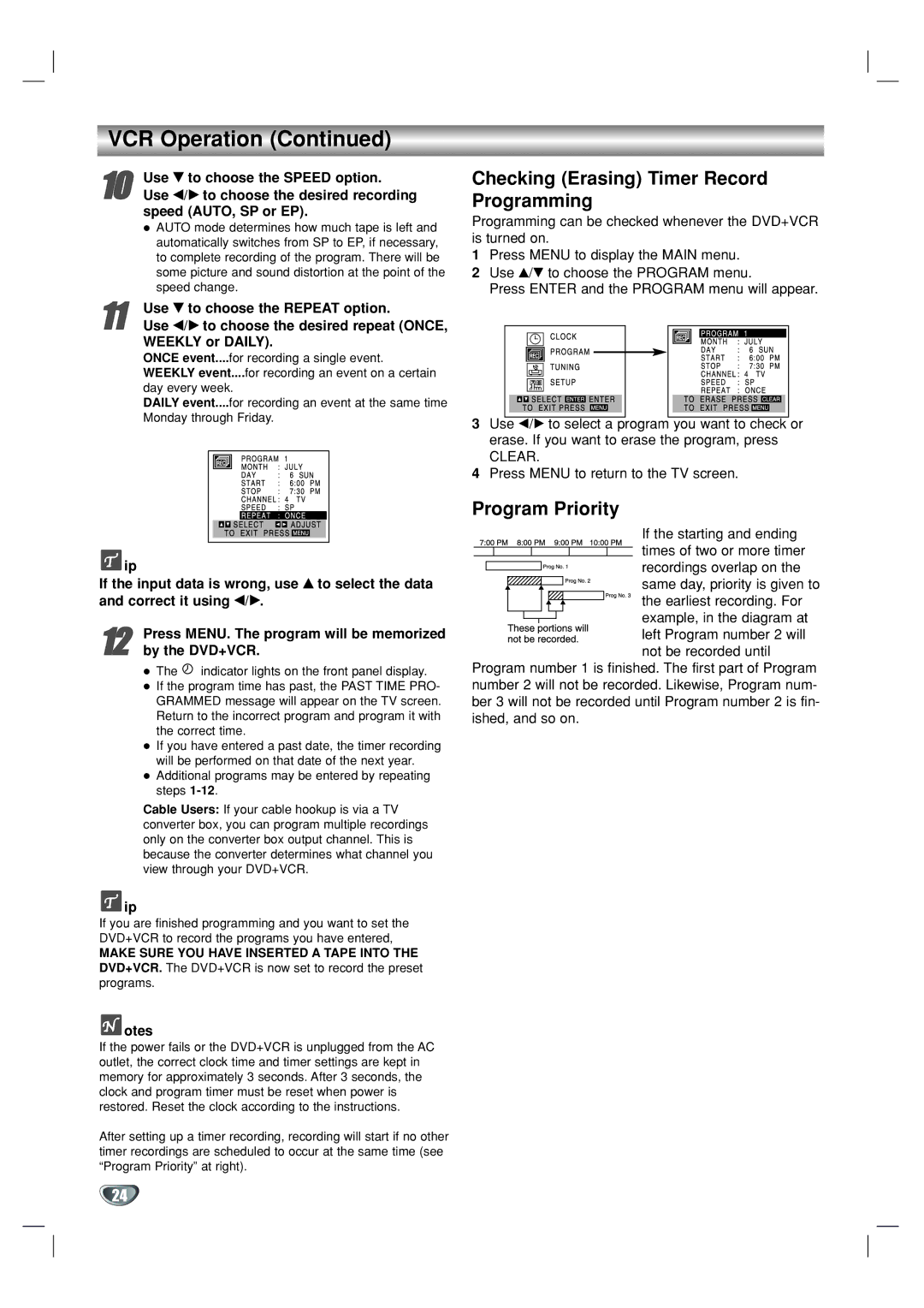 GoVideo DV1130 manual VCR Operation, Checking Erasing Timer Record Programming, Program Priority, Clear 