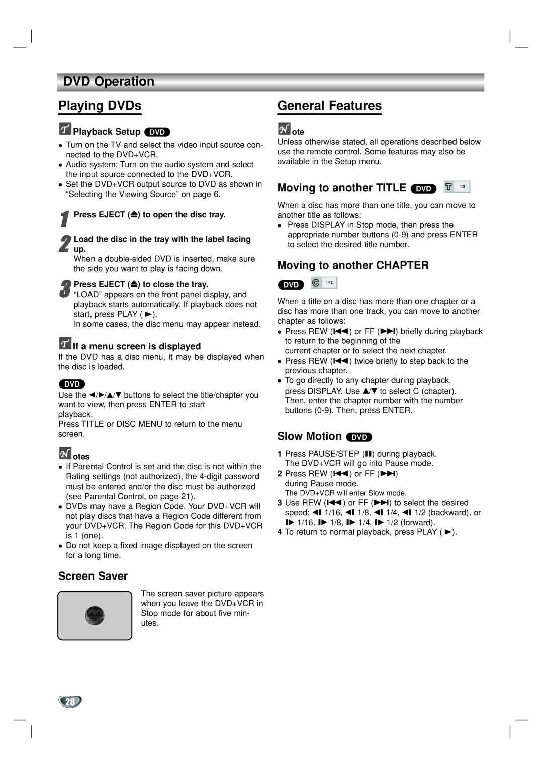 GoVideo DV1130 manual DVD Operation Playing DVDs, General Features 