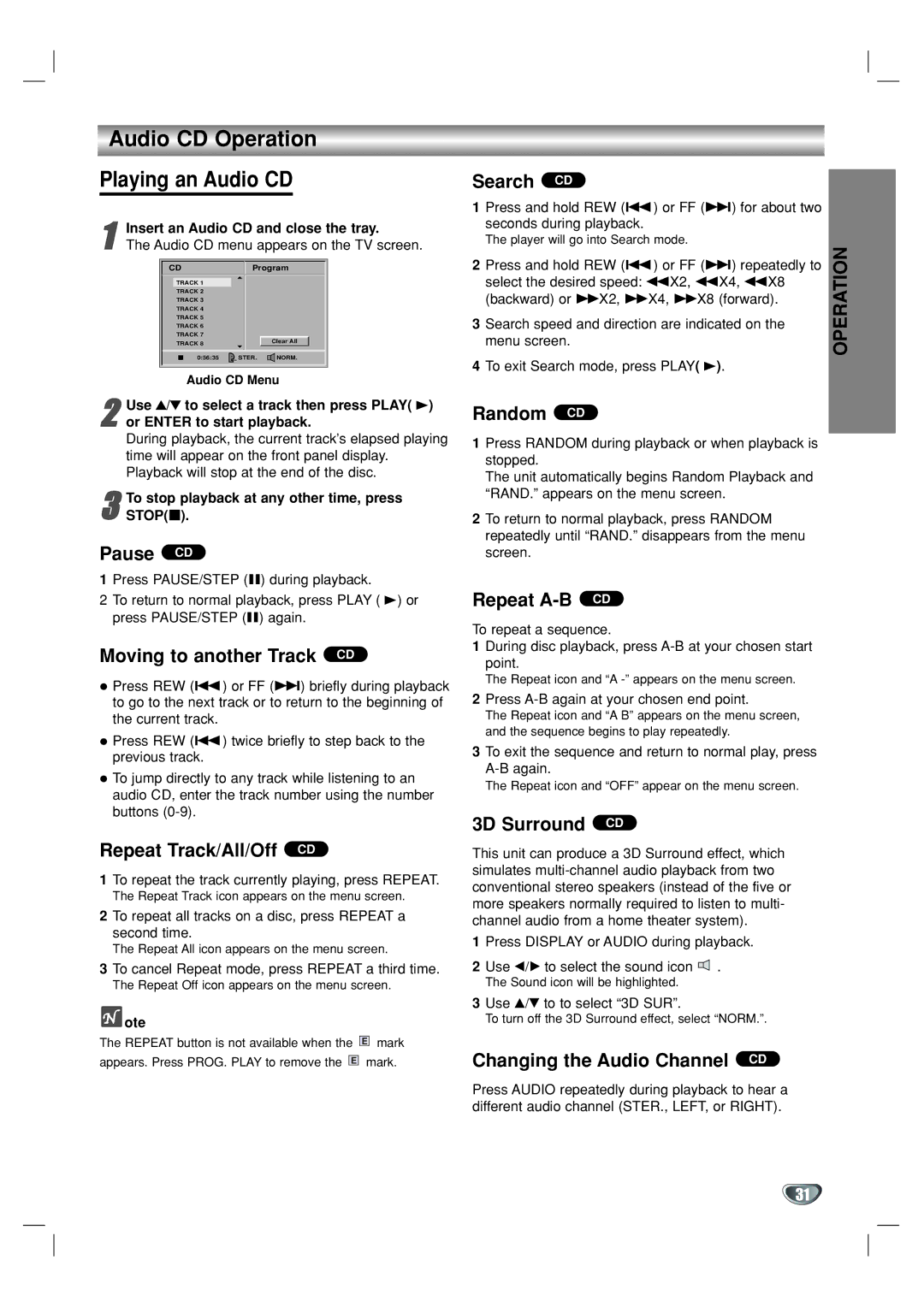 GoVideo DV1130 manual Audio CD Operation Playing an Audio CD 