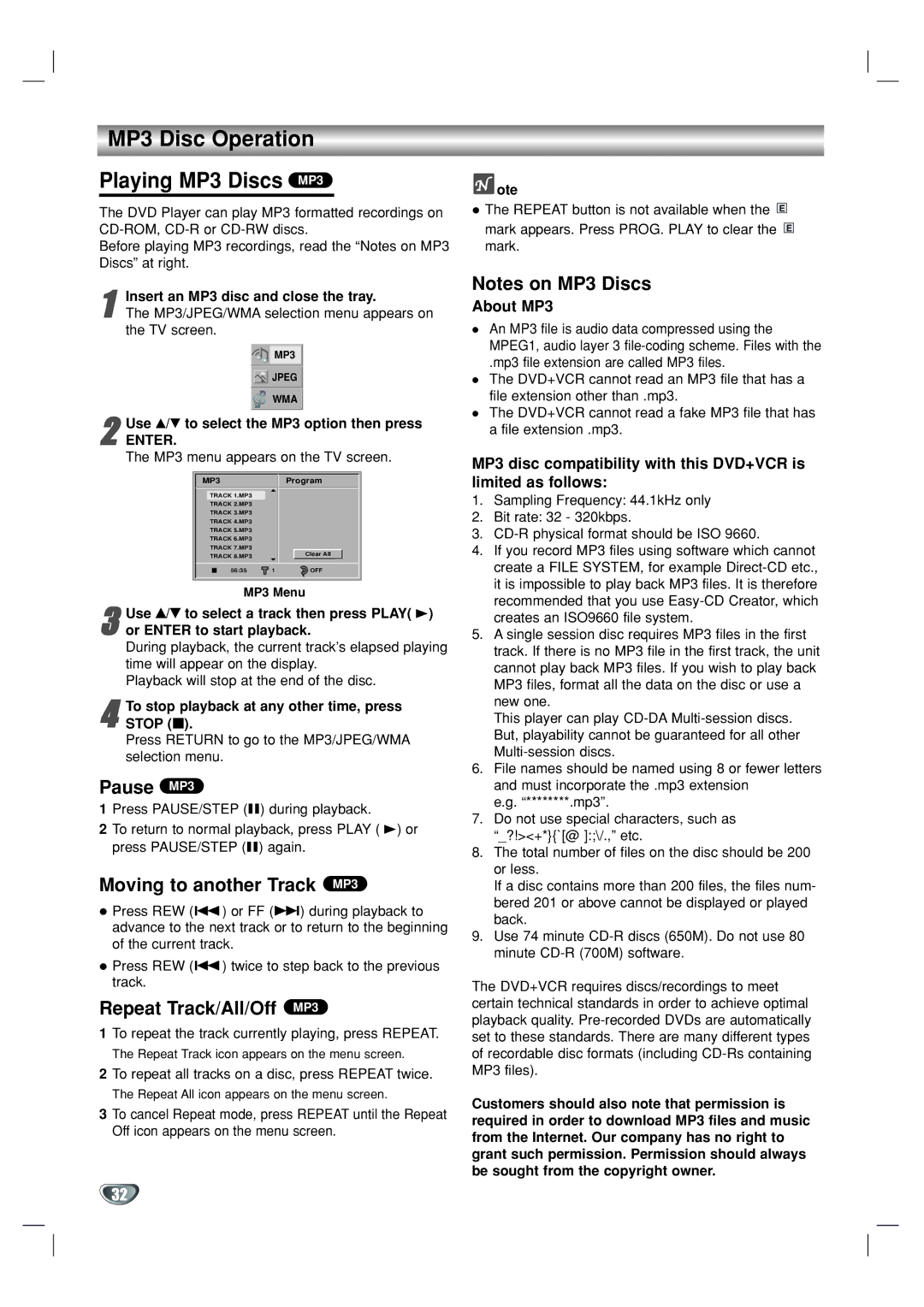 GoVideo DV1130 MP3 Disc Operation Playing MP3 Discs MP3, Pause MP3, Moving to another Track MP3, Repeat Track/All/Off MP3 