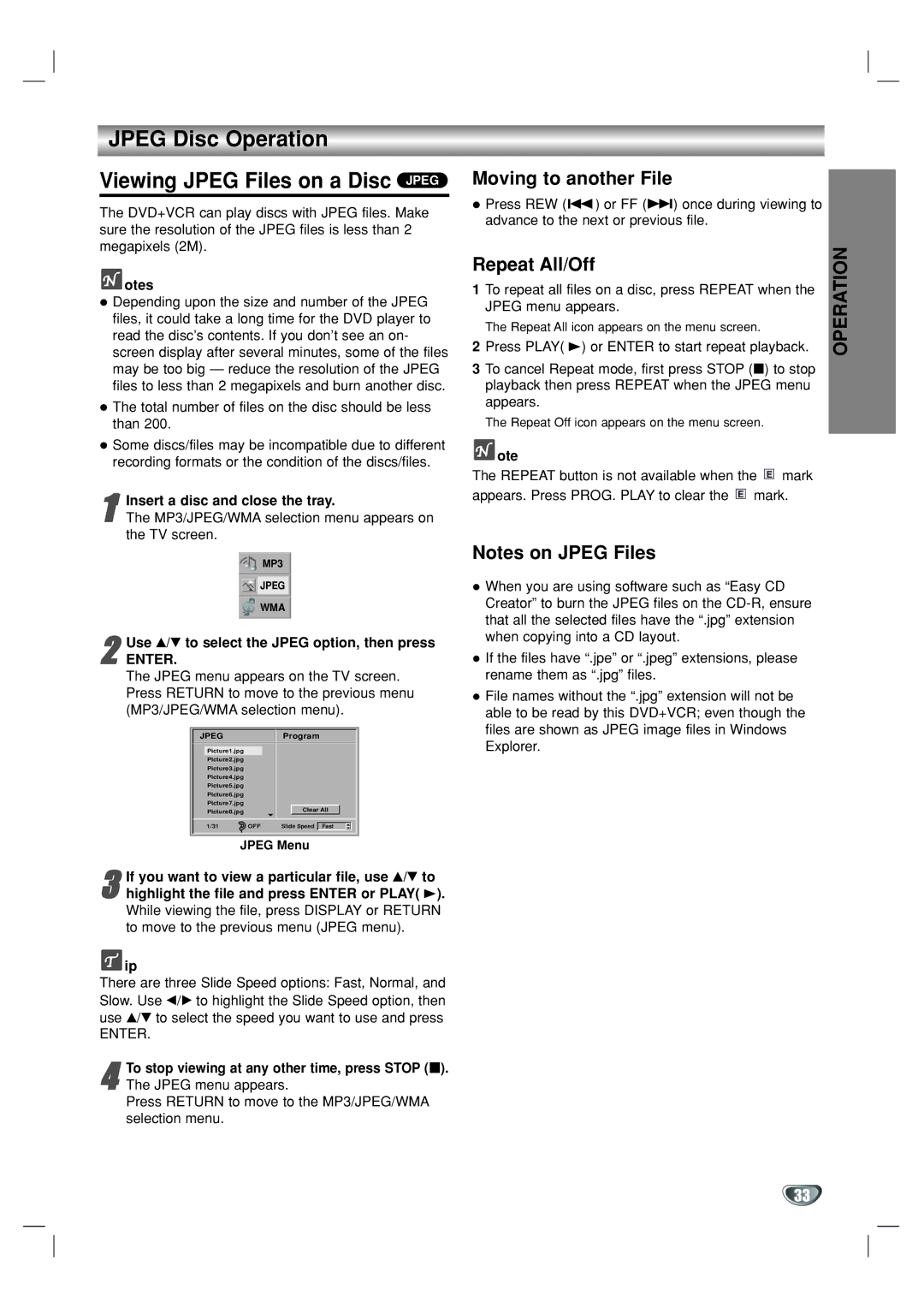 GoVideo DV1130 manual Jpeg Disc Operation Viewing Jpeg Files on a Disc Jpeg, Moving to another File, Repeat All/Off 