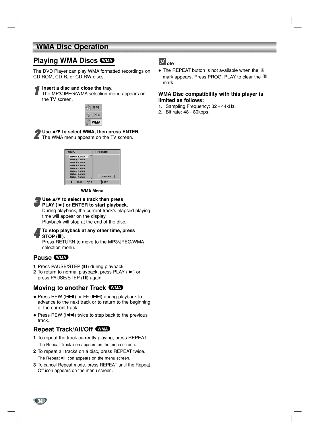 GoVideo DV1130 WMA Disc Operation Playing WMA Discs WMA, Pause WMA, Moving to another Track WMA, Repeat Track/All/Off WMA 