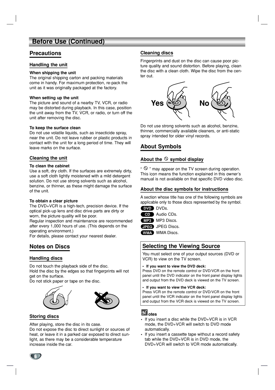 GoVideo DV1130 manual Precautions, About Symbols, Selecting the Viewing Source 