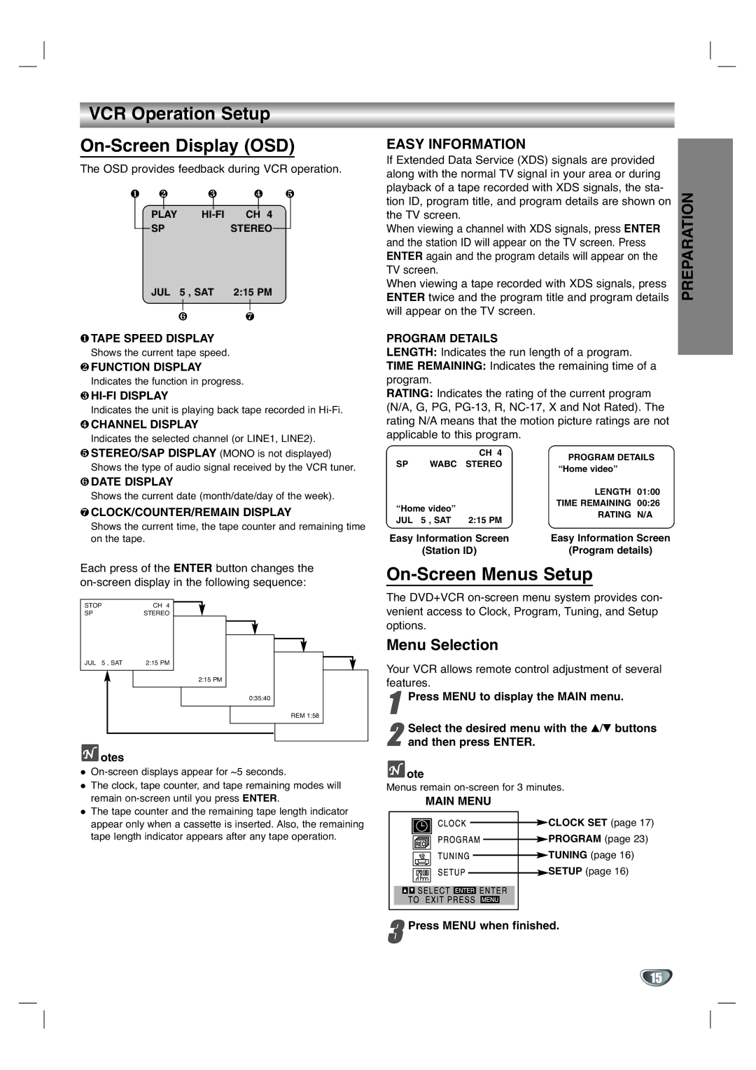 GoVideo DV1130Q manual VCR Operation Setup On-Screen Display OSD, On-Screen Menus Setup, Menu Selection 