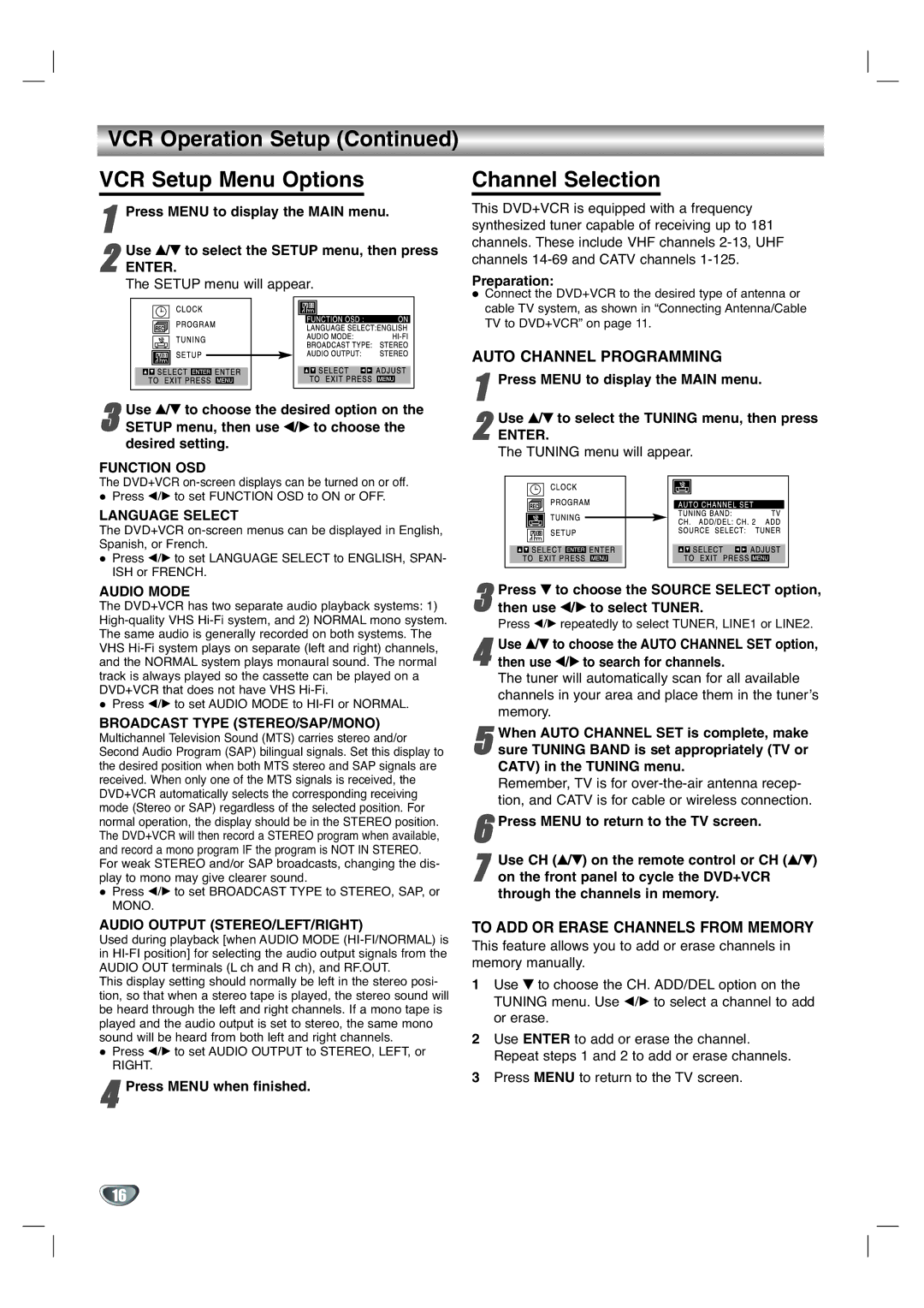 GoVideo DV1130Q manual VCR Operation Setup VCR Setup Menu Options, Channel Selection 