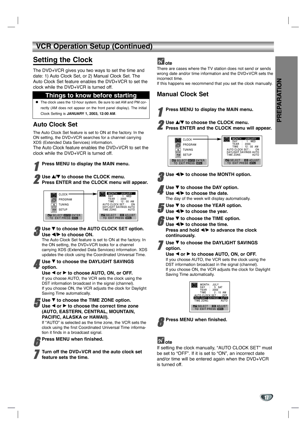 GoVideo DV1130Q manual VCR Operation Setup Setting the Clock, Auto Clock Set, Manual Clock Set 