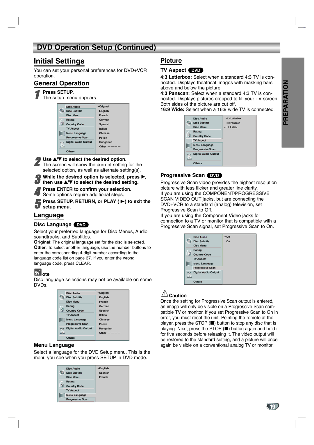 GoVideo DV1130Q manual DVD Operation Setup Initial Settings, General Operation, Language, Picture 