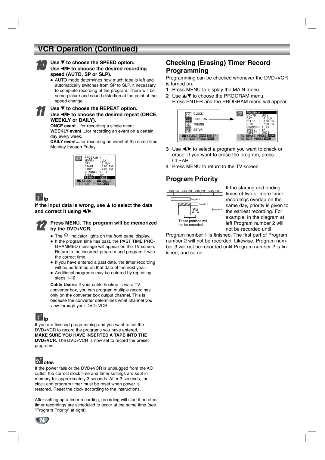 GoVideo DV1130Q manual VCR Operation, Checking Erasing Timer Record Programming, Program Priority 