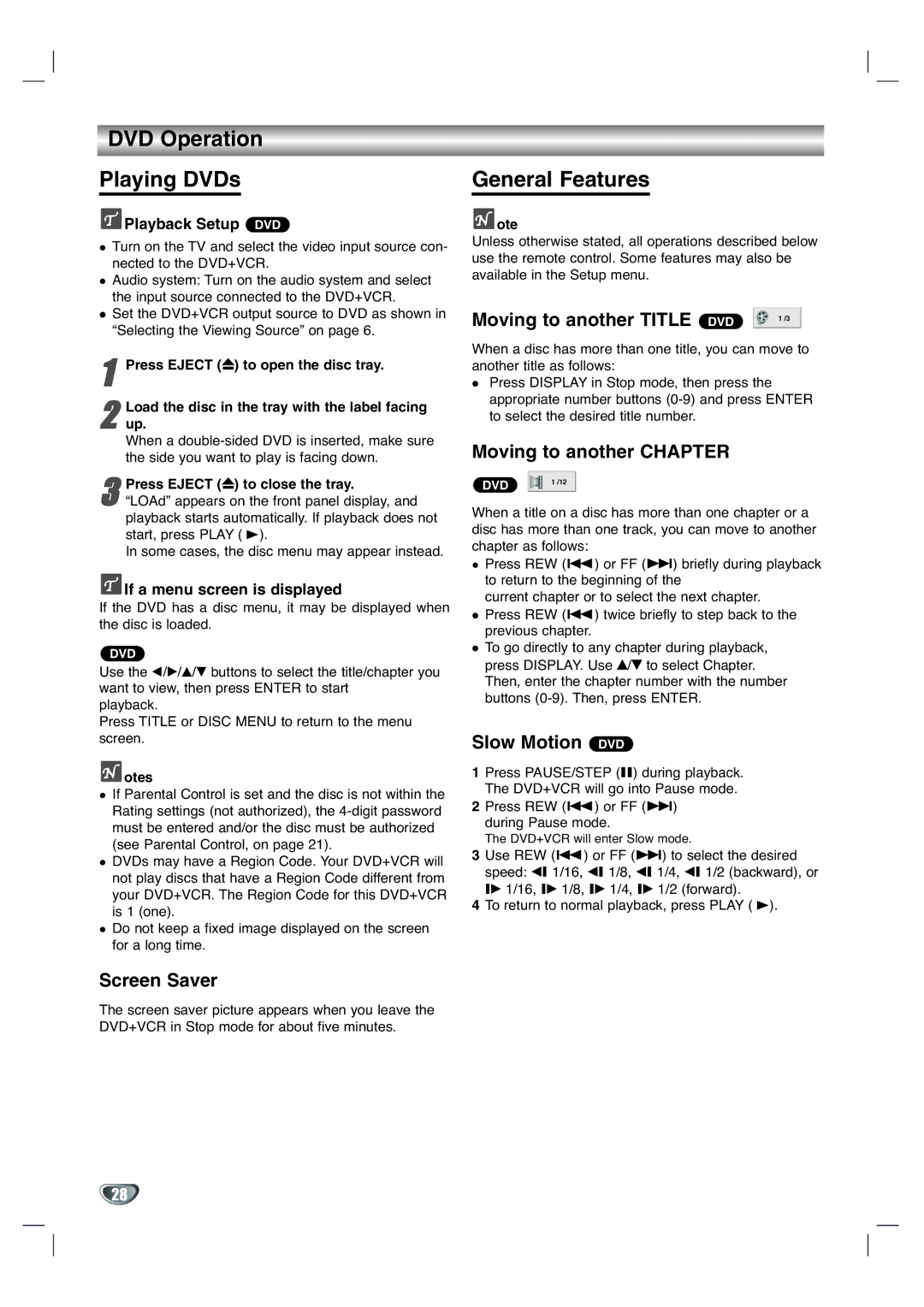 GoVideo DV1130Q manual DVD Operation Playing DVDs, General Features 