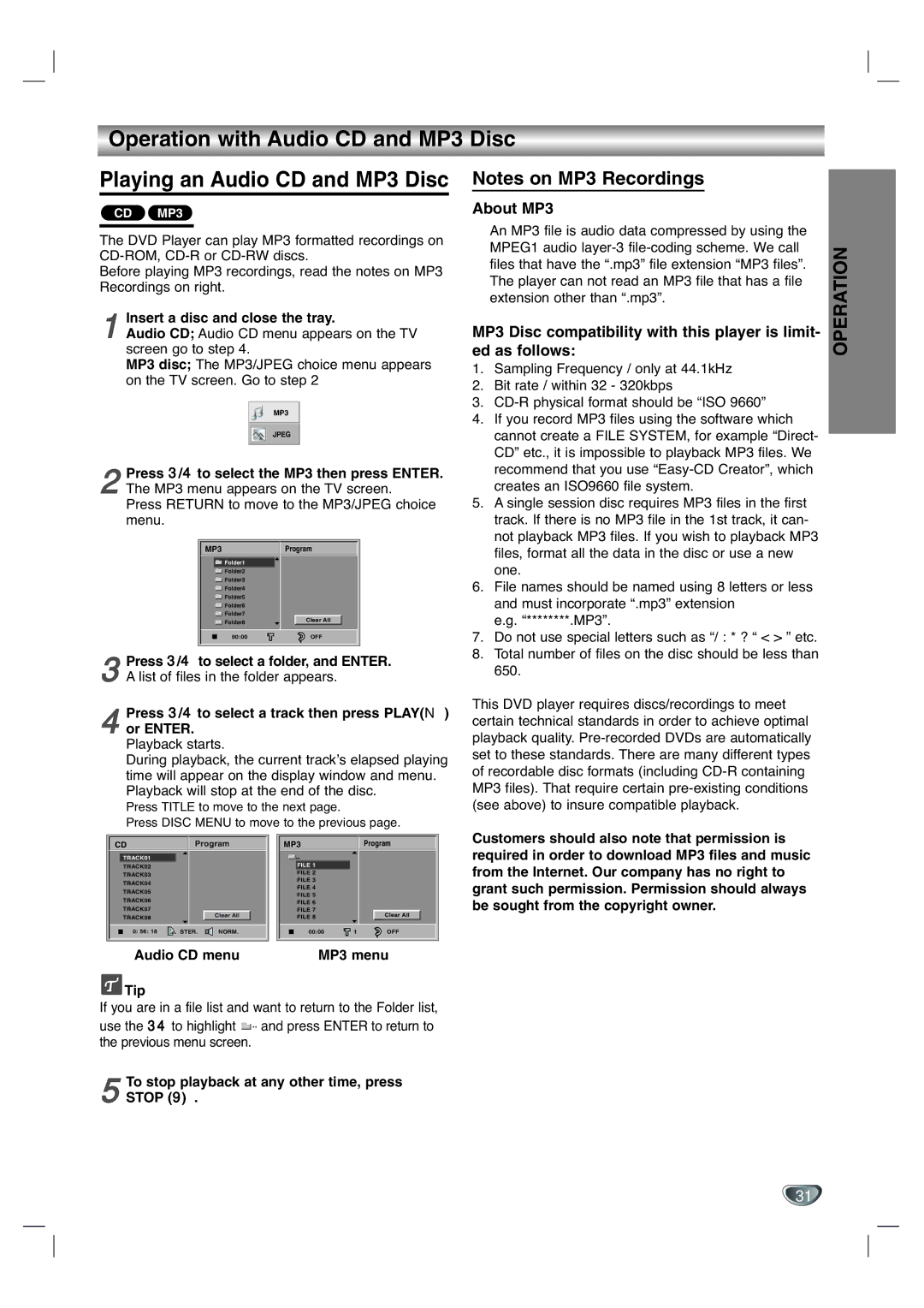 GoVideo DV1130Q manual Operation with Audio CD and MP3 Disc, Insert a disc and close the tray 