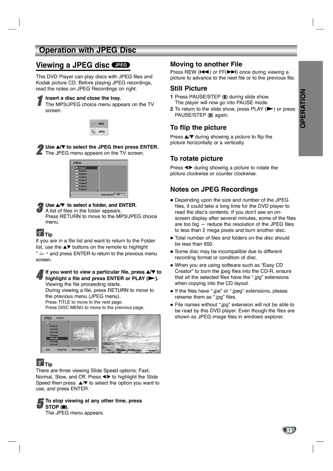 GoVideo DV1130Q manual Operation with Jpeg Disc Viewing a Jpeg disc Jpeg, Moving to another File, Still Picture 