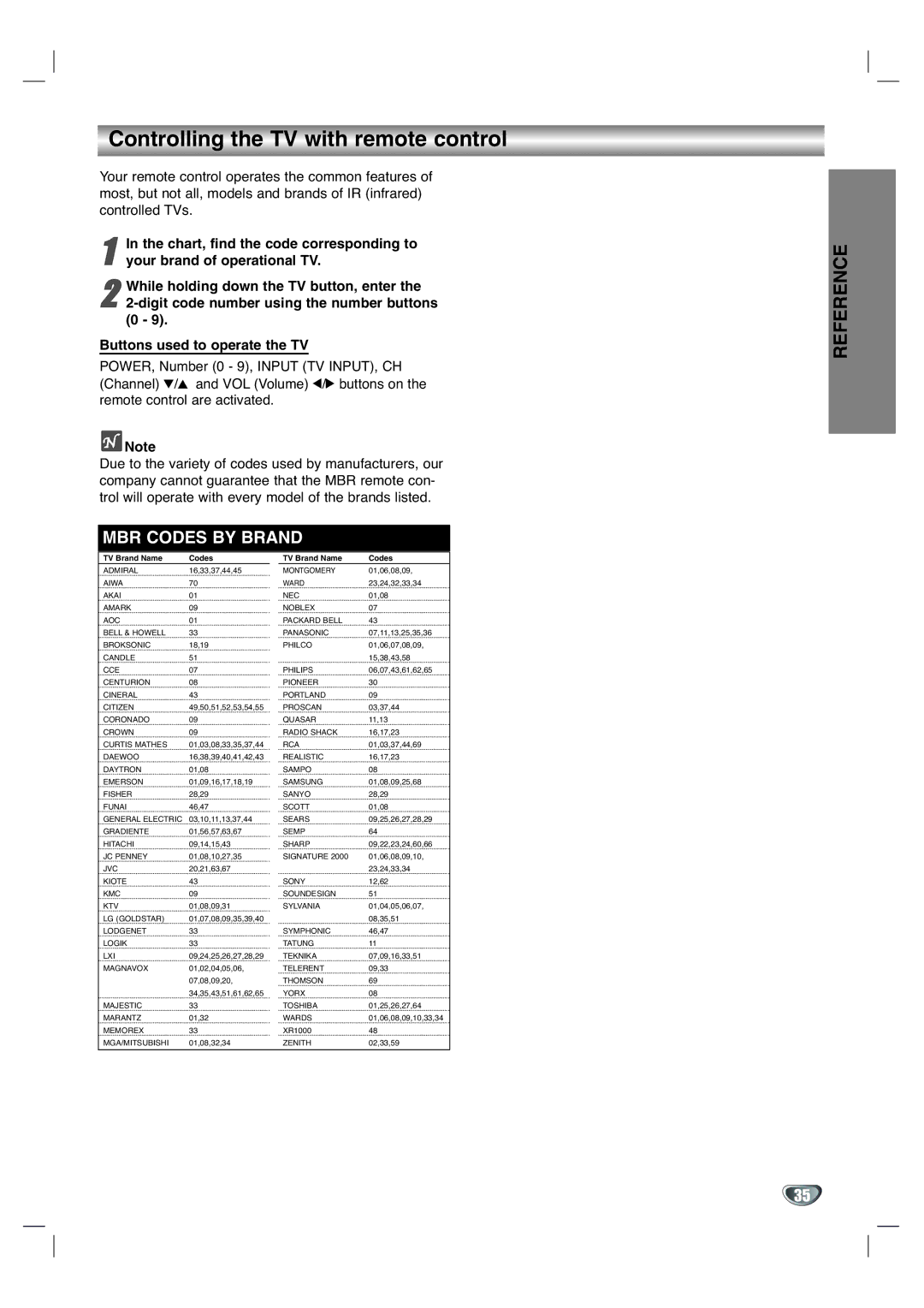 GoVideo DV1130Q manual Controlling the TV with remote control, Chart, find the code corresponding to 