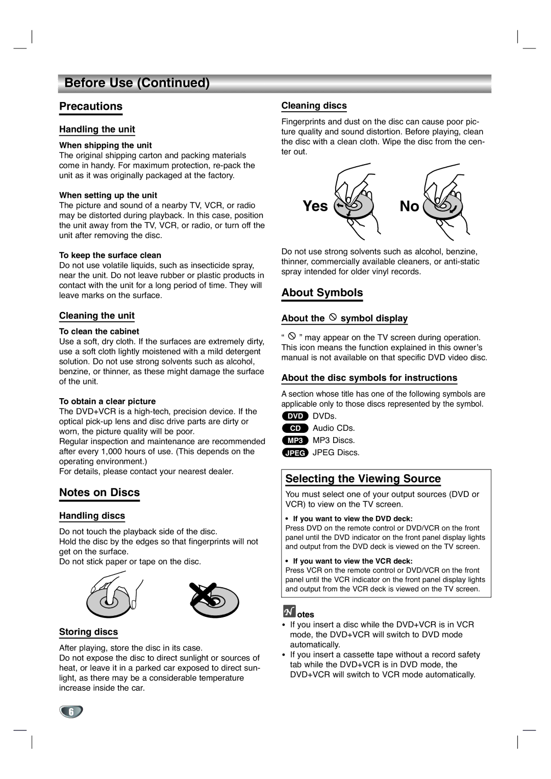 GoVideo DV1130Q manual Precautions, About Symbols, Selecting the Viewing Source 