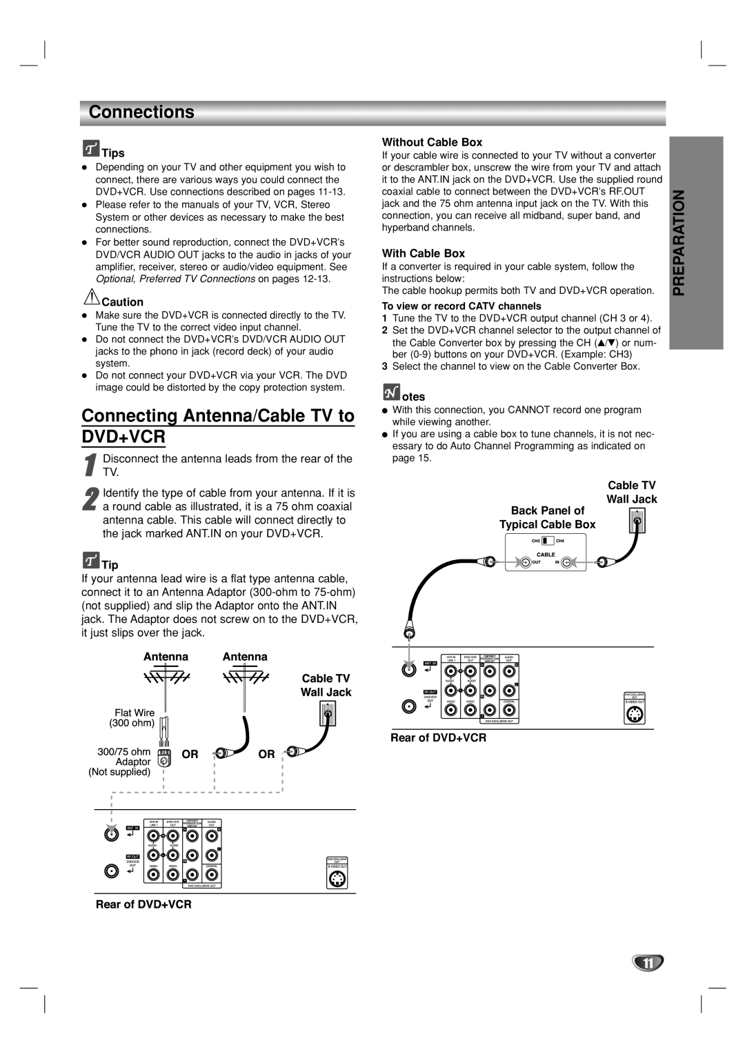 GoVideo DV1140 user manual Connections, Connecting Antenna/Cable TV to, Preparation 