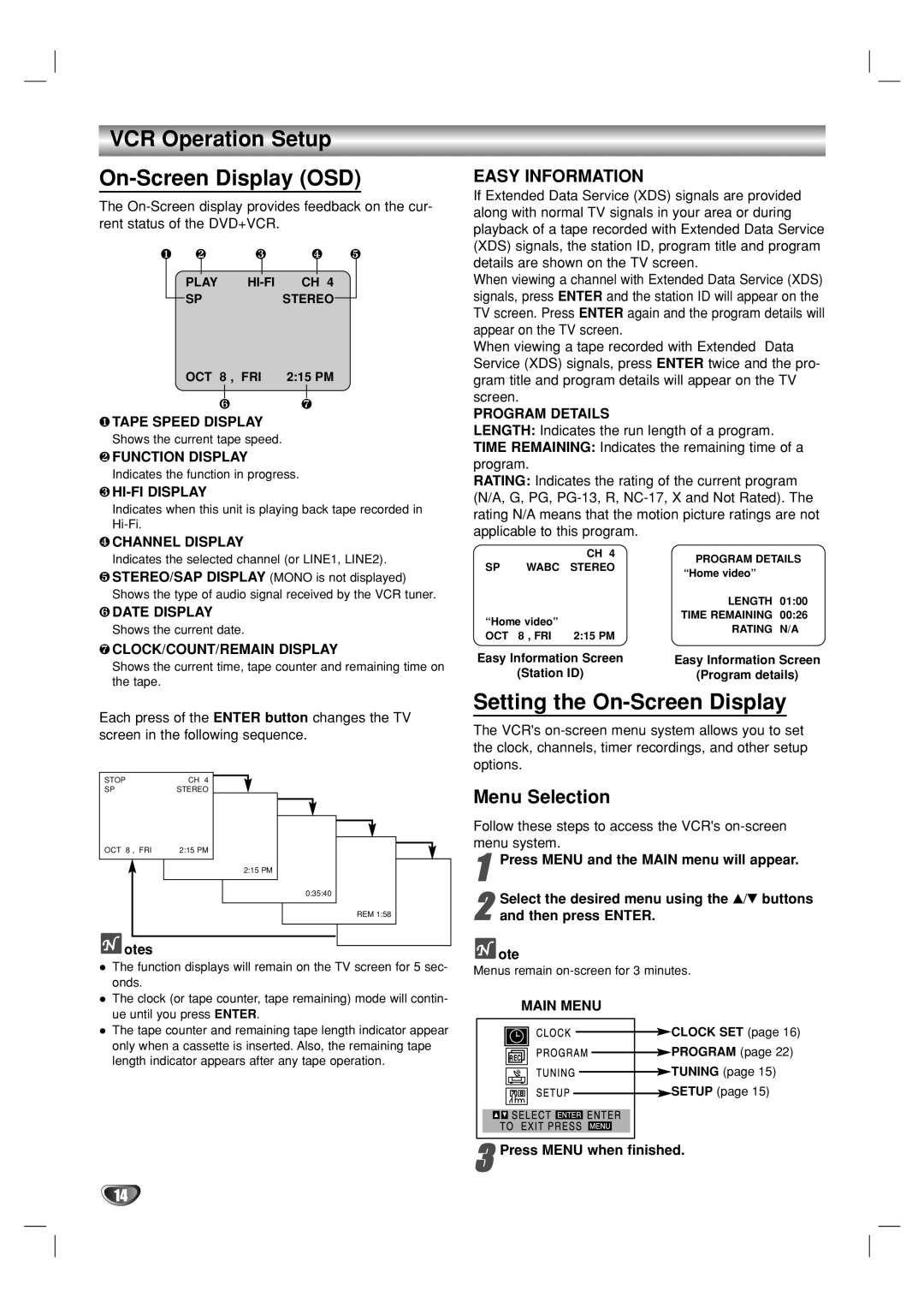 GoVideo DV1140 user manual VCR Operation Setup On-Screen Display OSD, Setting the On-Screen Display, Menu Selection 