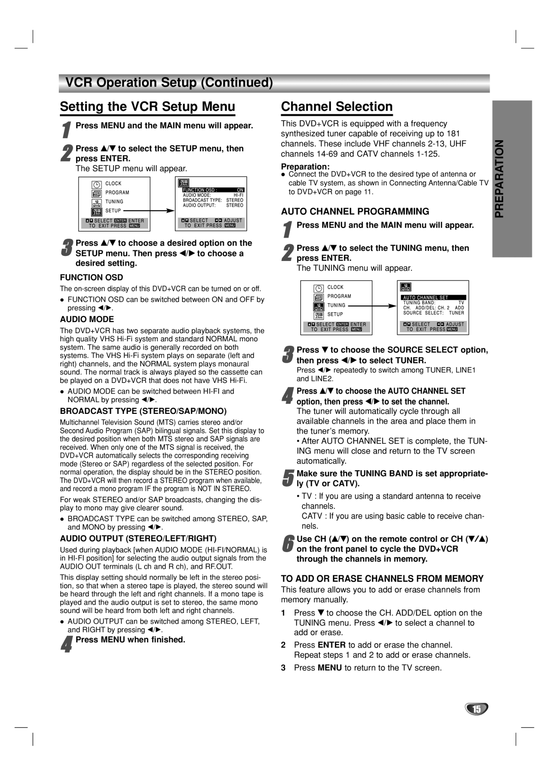 GoVideo DV1140 user manual VCR Operation Setup Setting the VCR Setup Menu, Channel Selection 