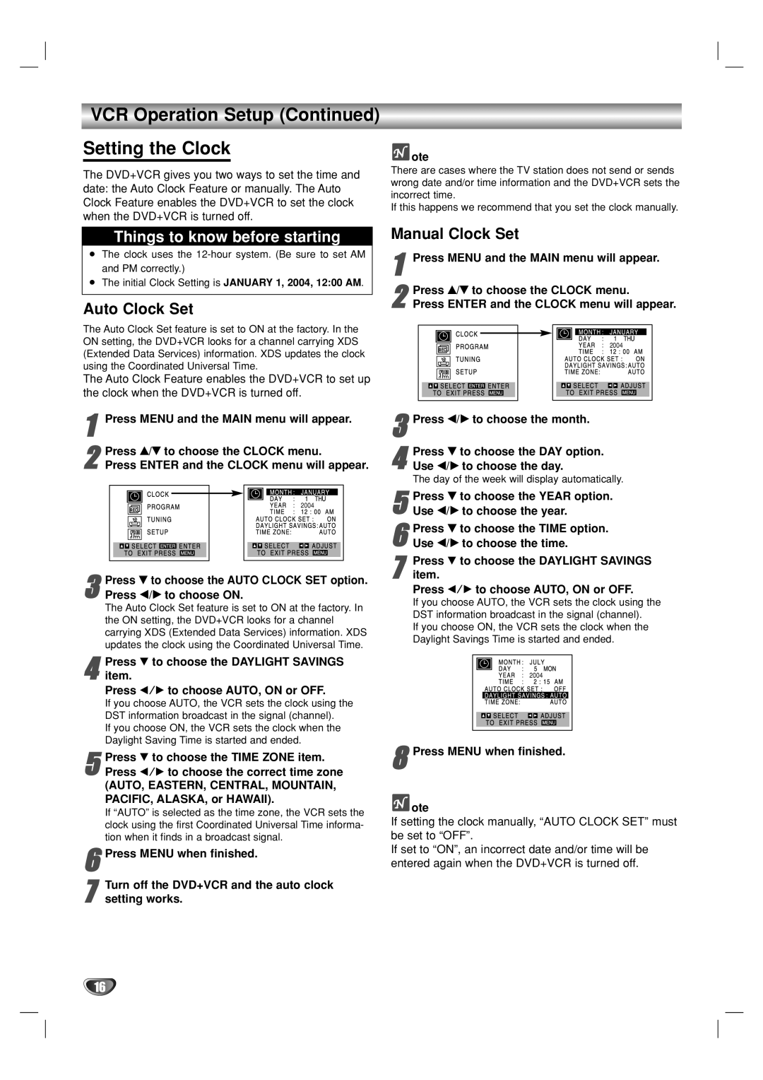 GoVideo DV1140 user manual VCR Operation Setup Setting the Clock, Auto Clock Set, Manual Clock Set 