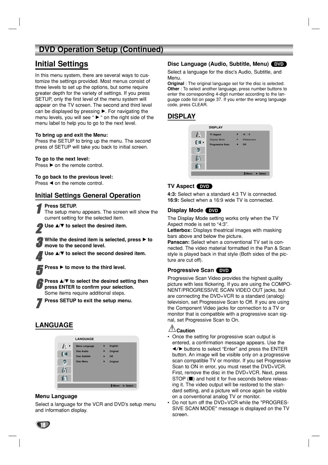 GoVideo DV1140 user manual DVD Operation Setup Initial Settings, Initial Settings General Operation, Language, Display 