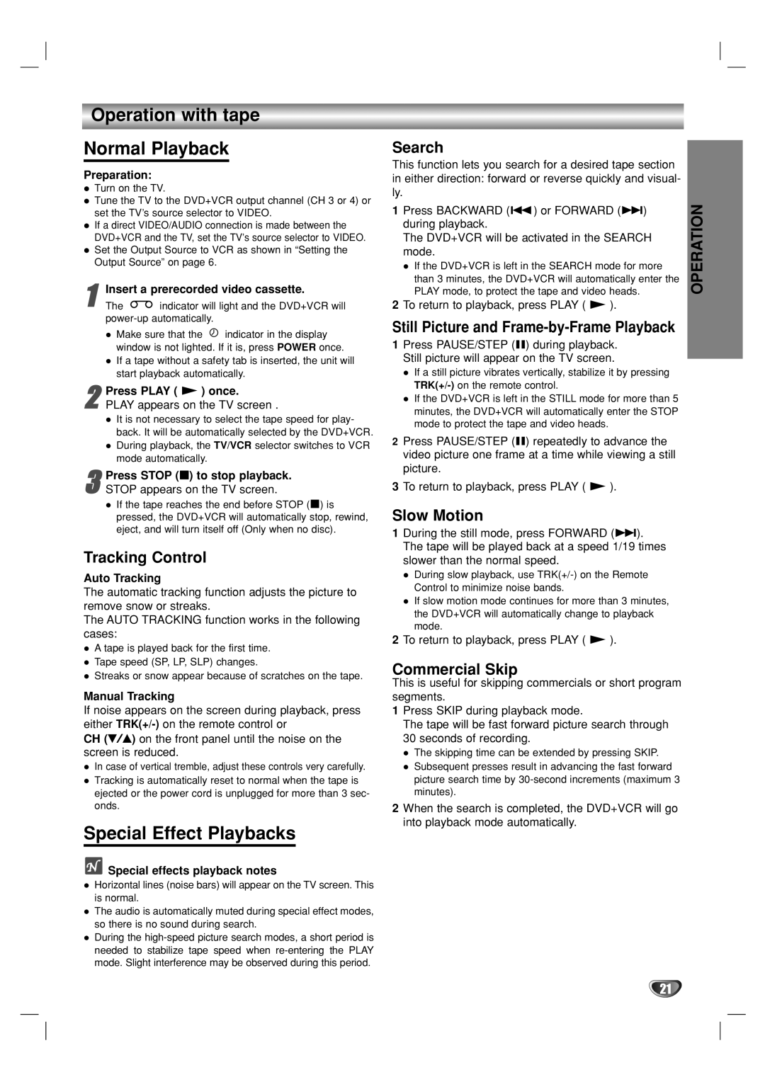 GoVideo DV1140 user manual Operation with tape Normal Playback, Special Effect Playbacks 