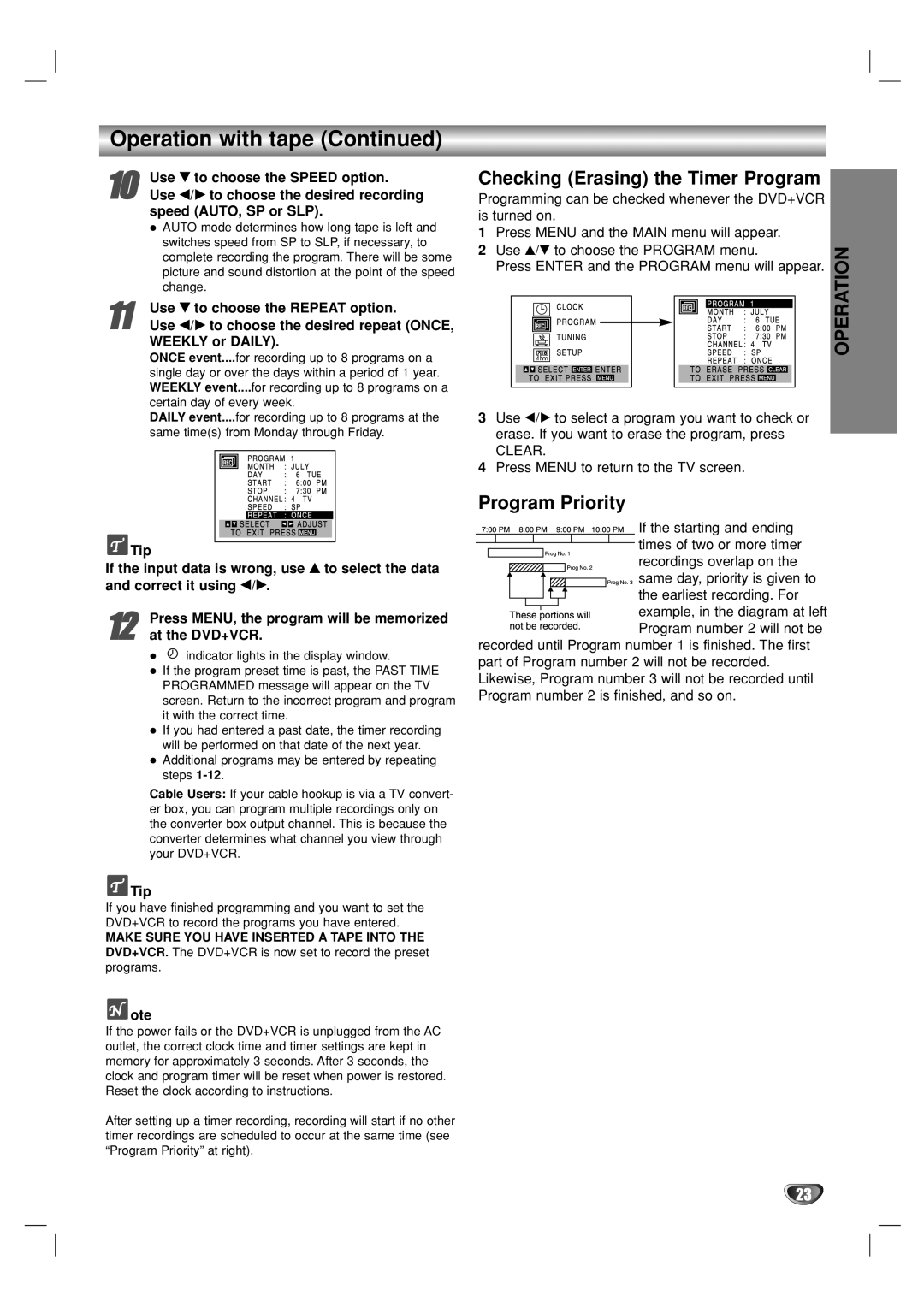 GoVideo DV1140 user manual Operation with tape, Checking Erasing the Timer Program, Program Priority 