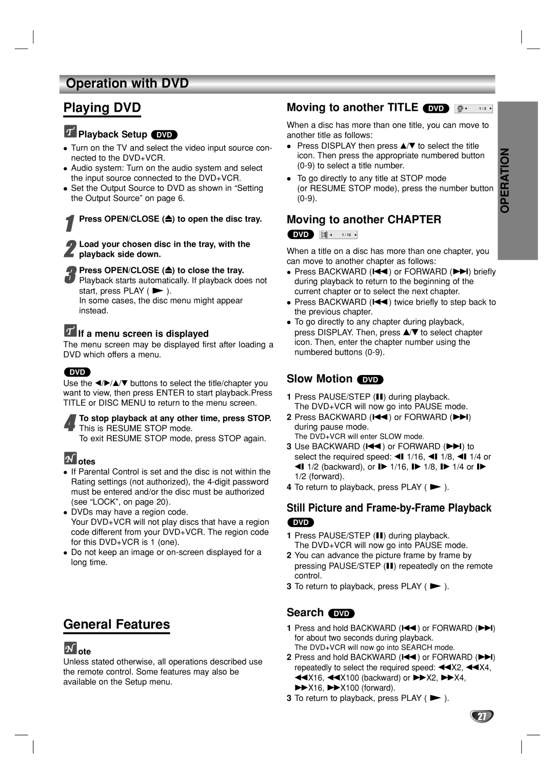 GoVideo DV1140 user manual Operation with DVD Playing DVD, General Features 