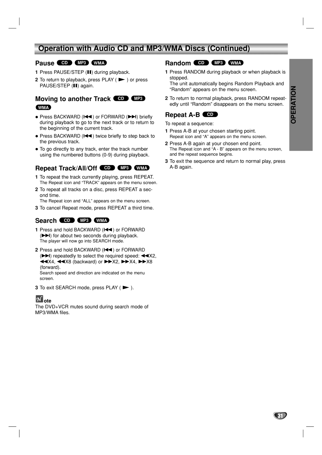 GoVideo DV1140 Operation with Audio CD and MP3/WMA Discs, Moving to another Track CD MP3, Repeat Track/All/Off CD MP3 WMA 