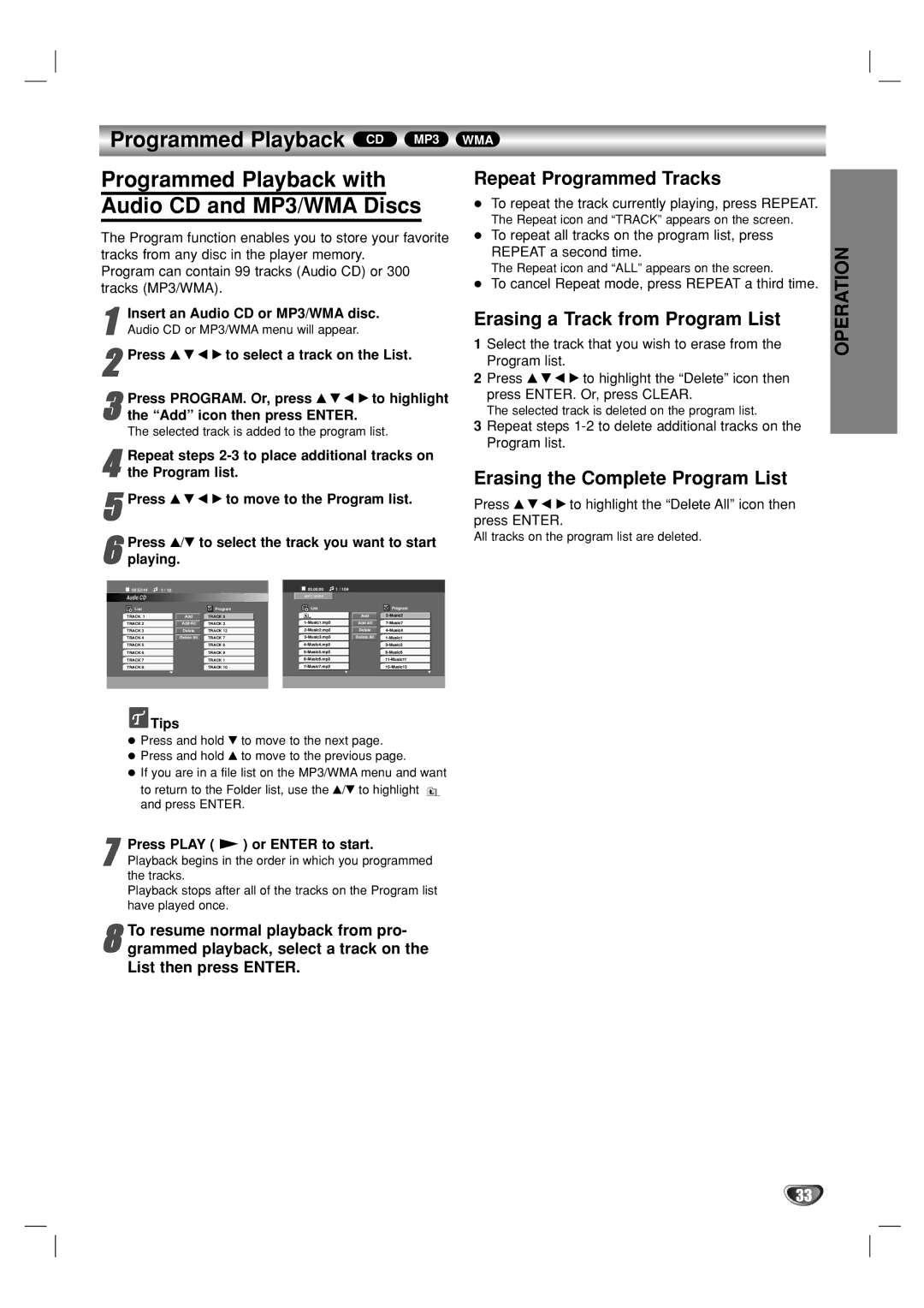 GoVideo DV1140 user manual Programmed Playback CD MP3, Repeat Programmed Tracks, Erasing a Track from Program List 