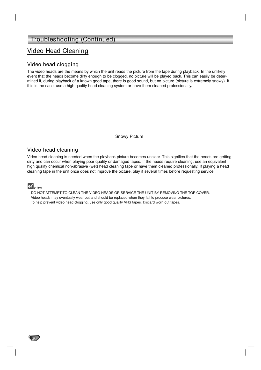 GoVideo DV1140 user manual Troubleshooting Video Head Cleaning, Video head clogging, Video head cleaning 