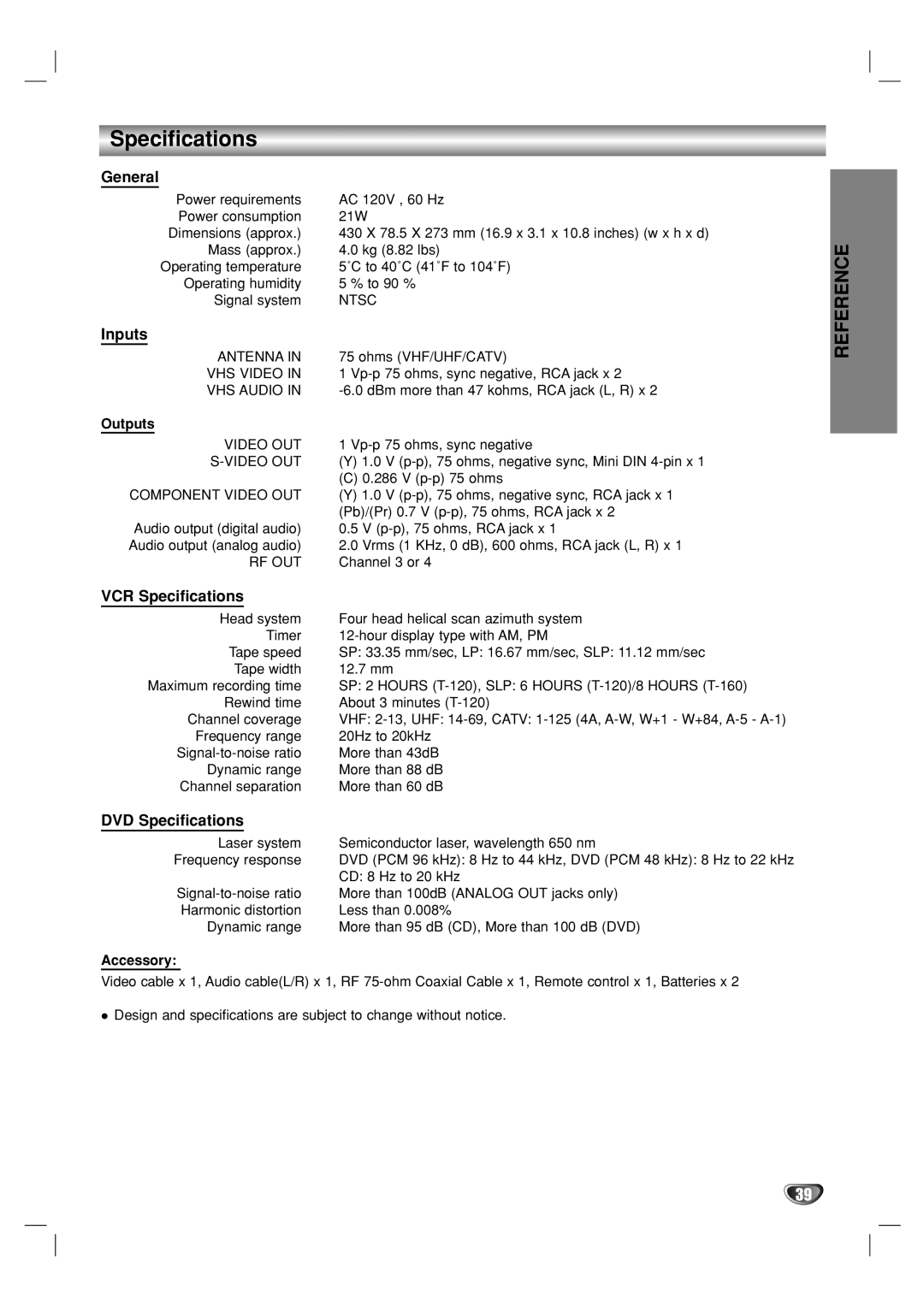 GoVideo DV1140 user manual General, Inputs, VCR Specifications, DVD Specifications 