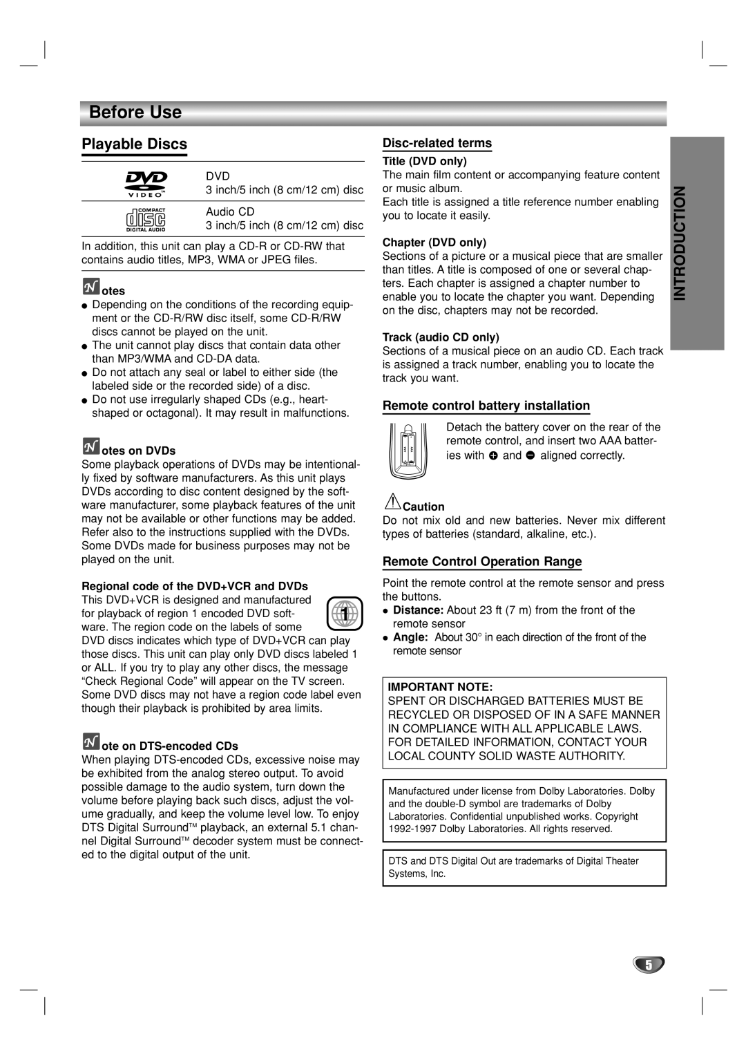 GoVideo DV1140 user manual Before Use, Playable Discs, Disc-related terms, Remote control battery installation 