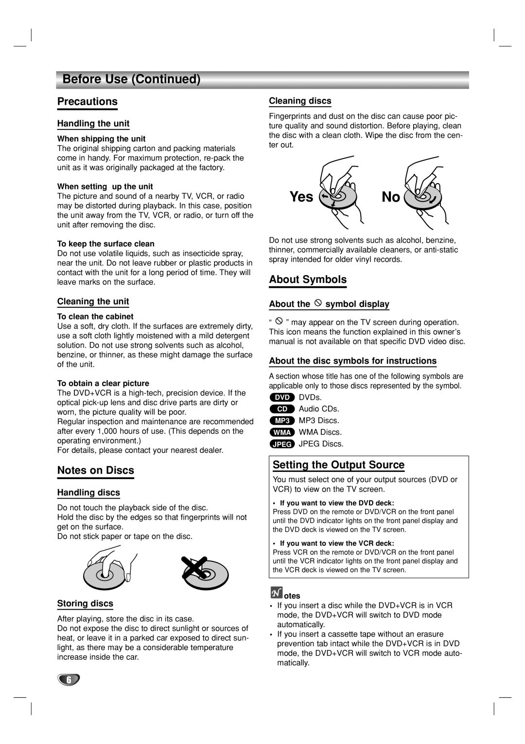 GoVideo DV1140 user manual Precautions, About Symbols, Setting the Output Source 