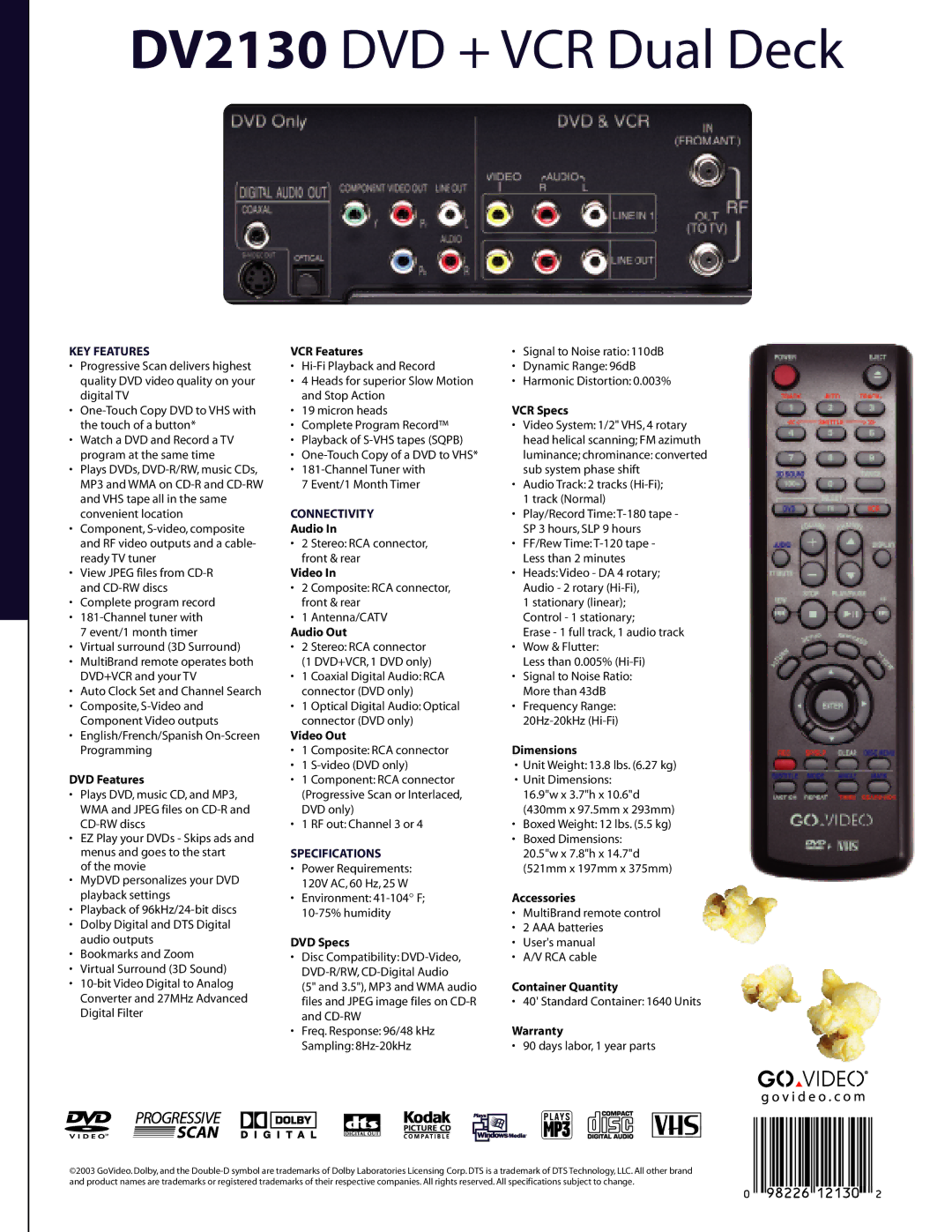 GoVideo DV2130 manual KEY Features, Connectivity, Specifications 