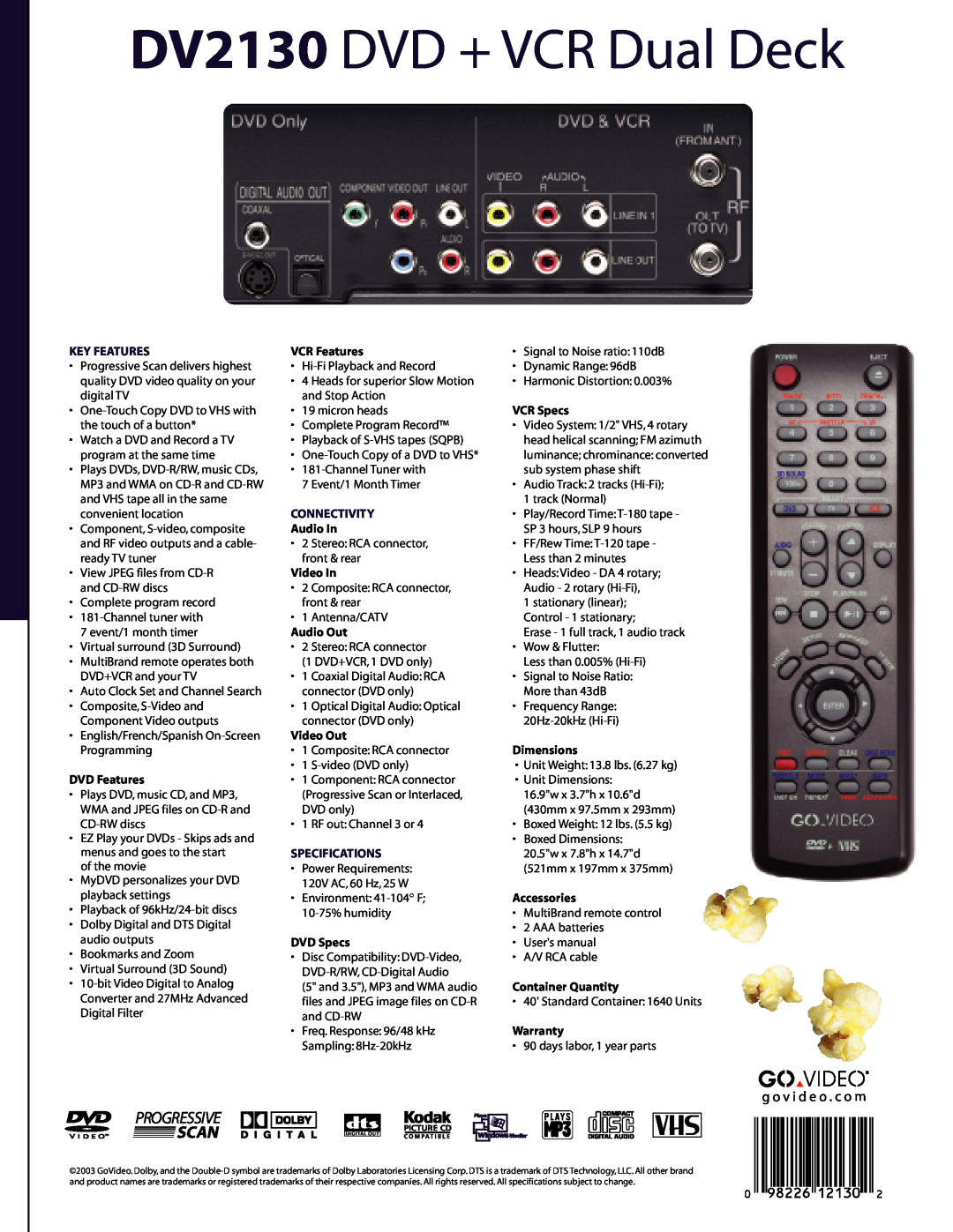 GoVideo manual DV2130 DVD + VCR Dual Deck, Key Features, Connectivity, Specifications 