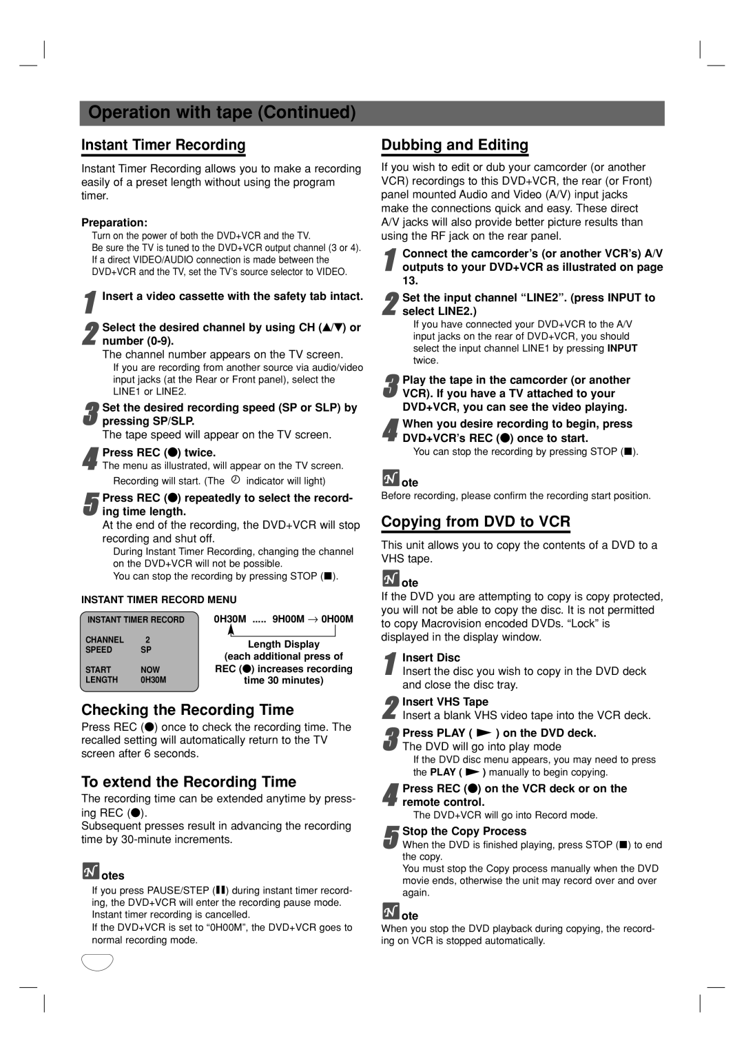 GoVideo DV2140 manual Instant Timer Recording, Checking the Recording Time, To extend the Recording Time 