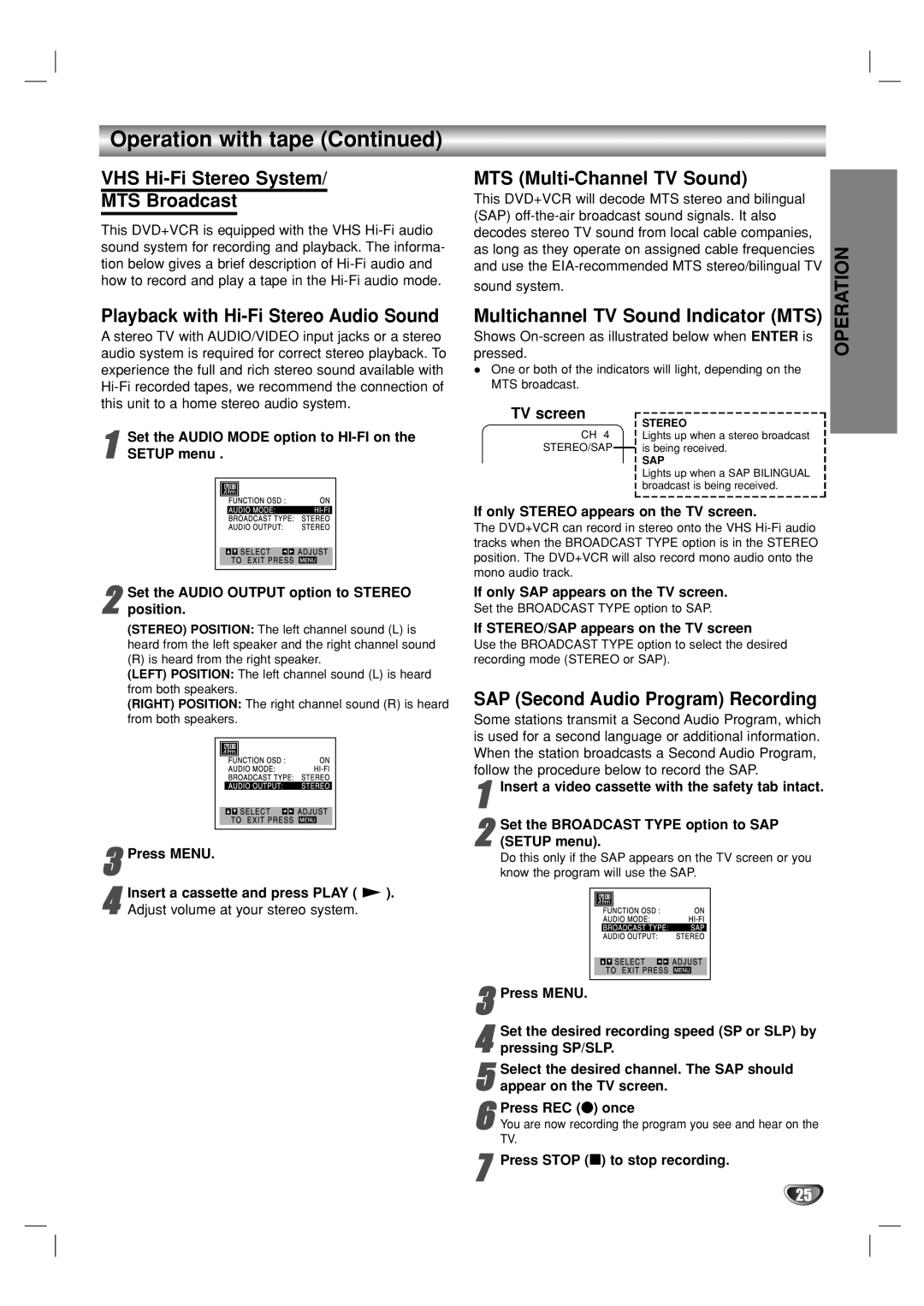 GoVideo DV2140 manual MTS Multi-Channel TV Sound, Multichannel TV Sound Indicator MTS, SAP Second Audio Program Recording 