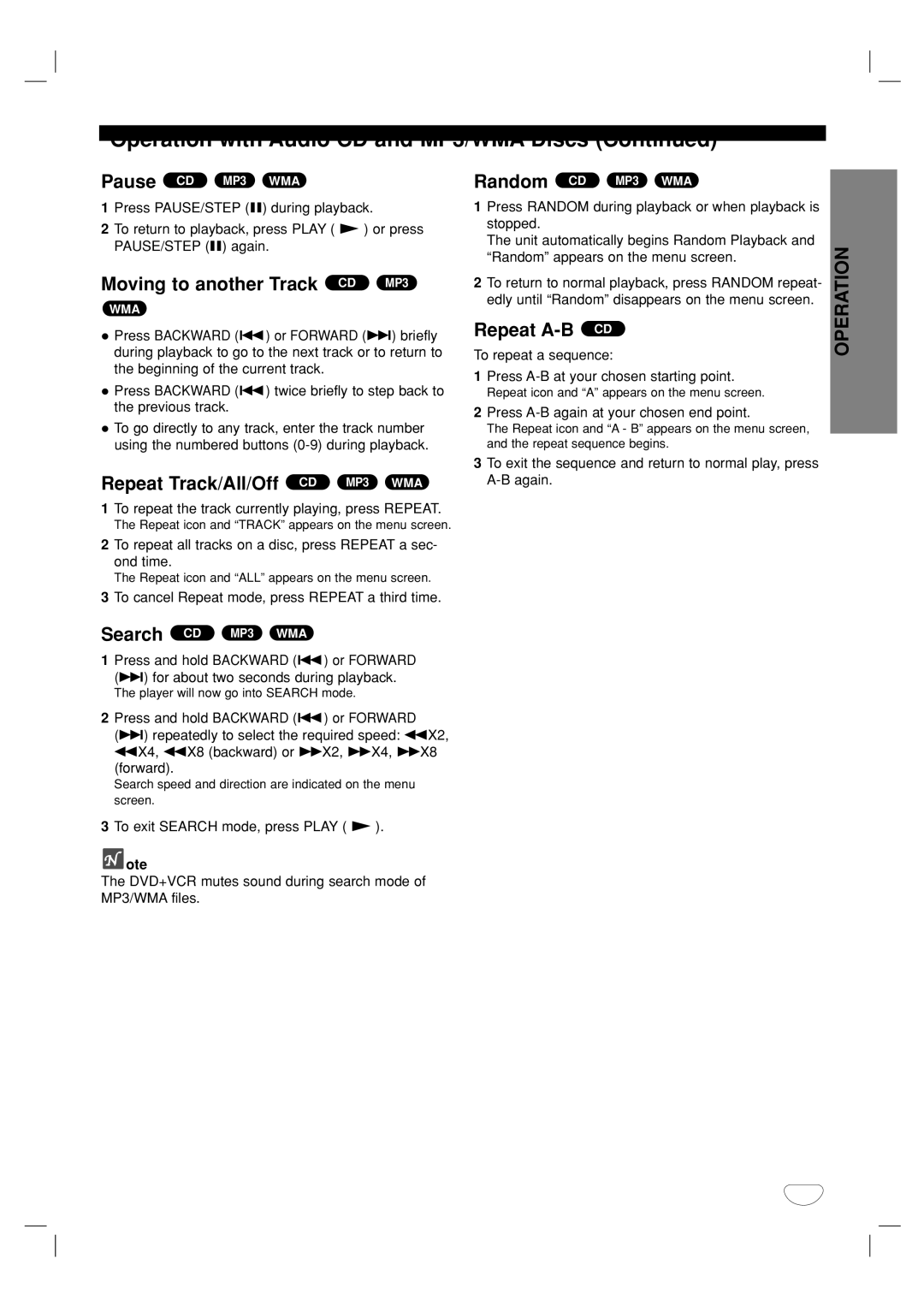 GoVideo DV2140 Operation with Audio CD and MP3/WMA Discs, Moving to another Track CD MP3, Repeat Track/All/Off CD MP3 WMA 