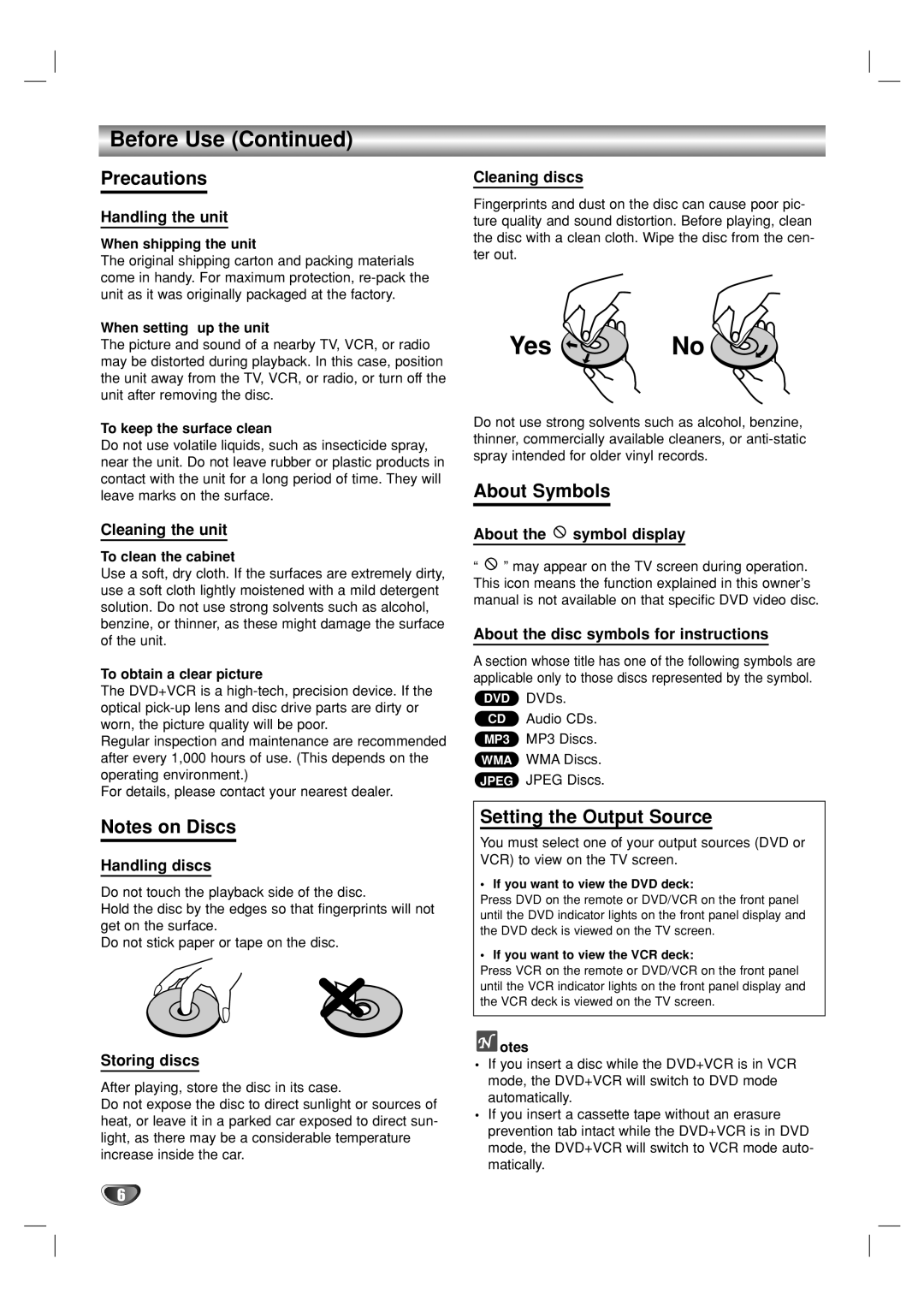 GoVideo DV2140 manual Precautions, About Symbols, Setting the Output Source 