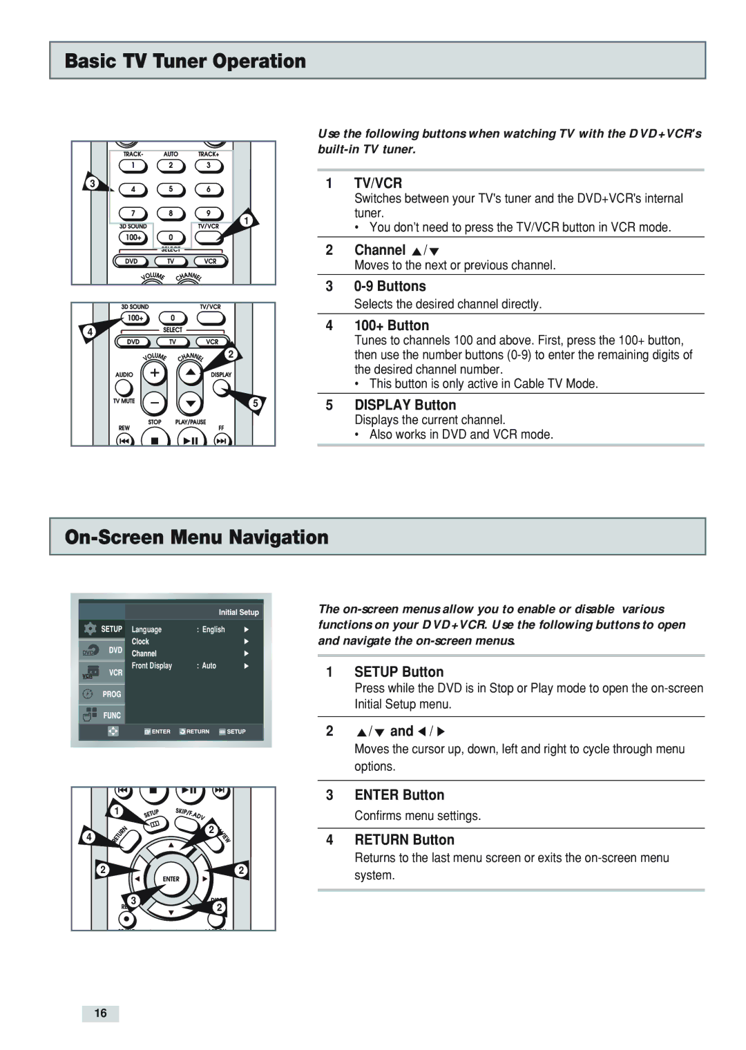 GoVideo DV3130 manual Basic TV Tuner Operation, On-Screen Menu Navigation 