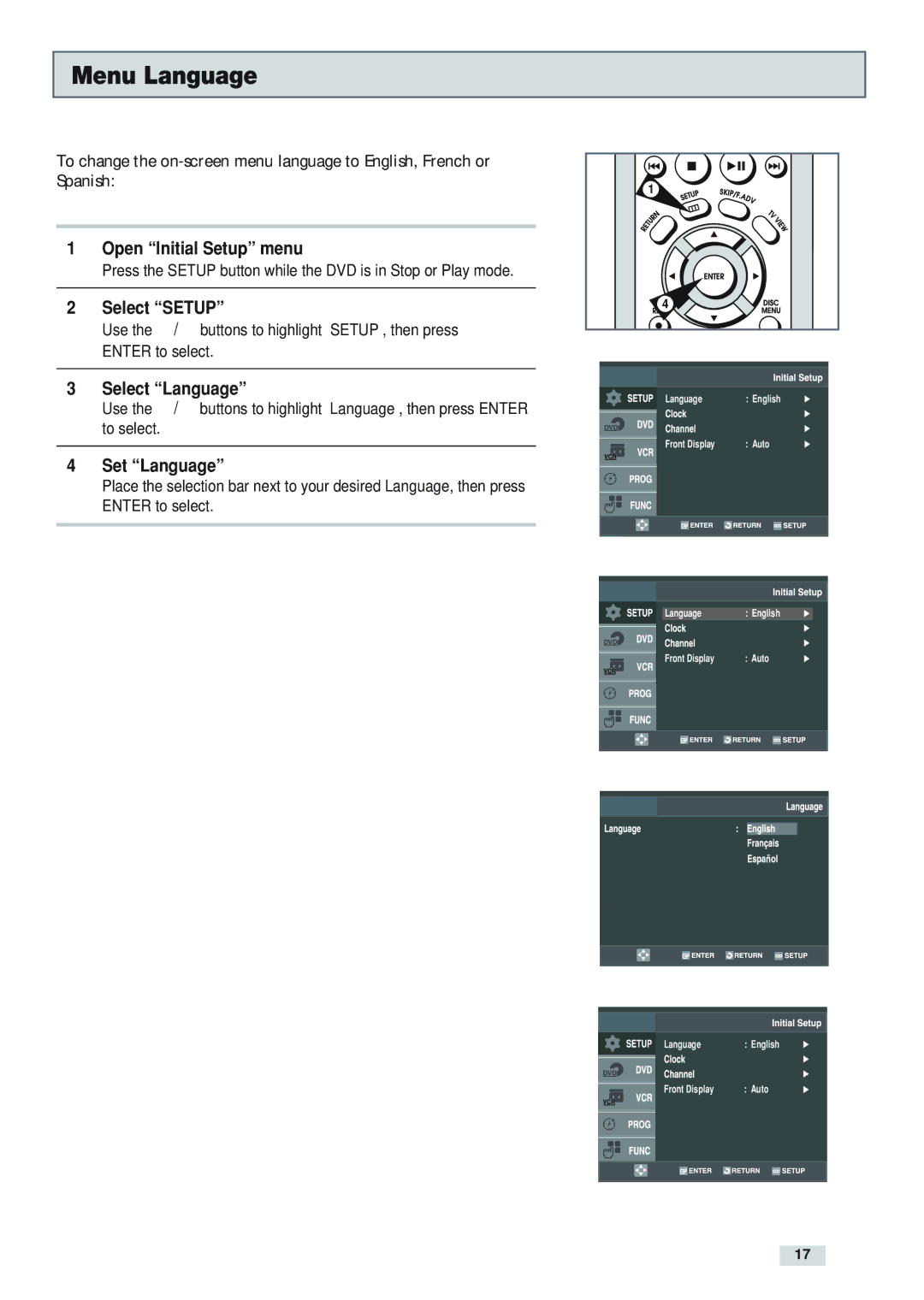 GoVideo DV3130 manual Menu Language, Open Initial Setup menu, Select Setup, Select Language, Set Language 