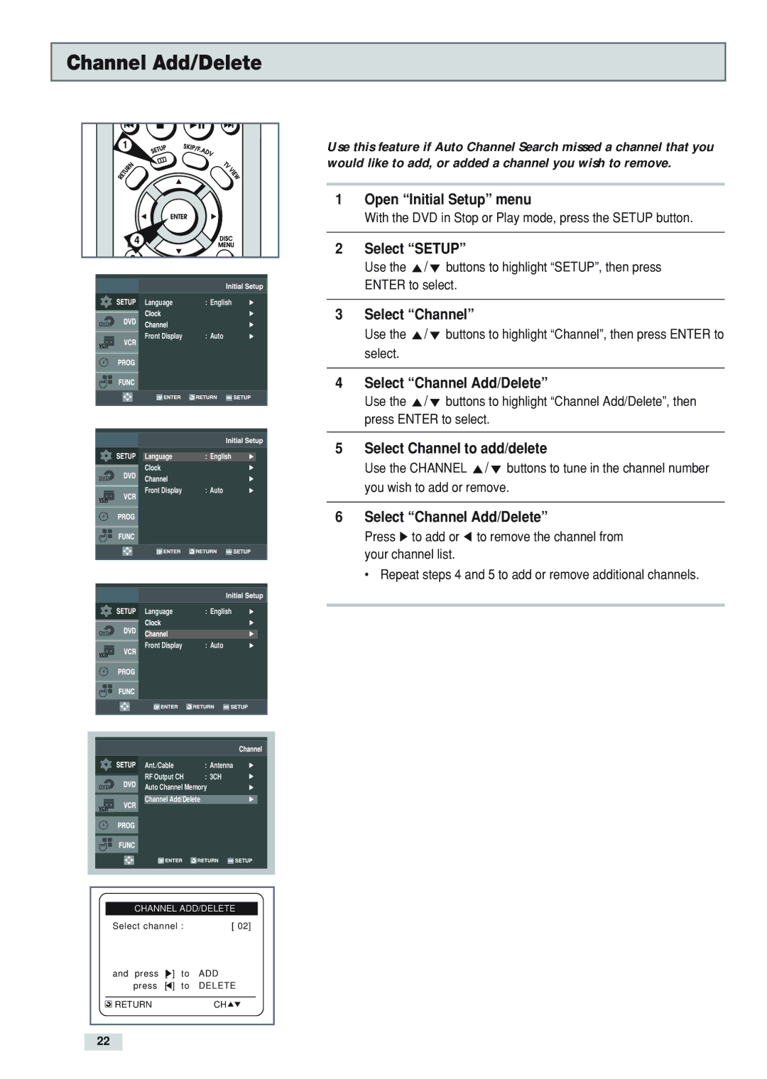 GoVideo DV3130 manual Select Channel Add/Delete, Select Channel to add/delete 