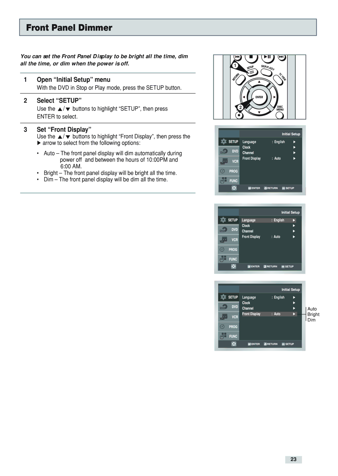 GoVideo DV3130 manual Front Panel Dimmer, Set Front Display 