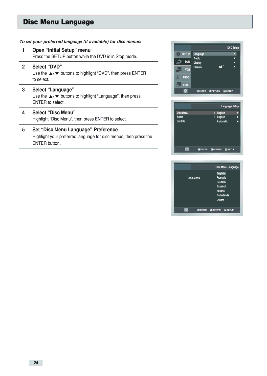 GoVideo DV3130 manual Select DVD, Select Disc Menu, Set Disc Menu Language Preference 