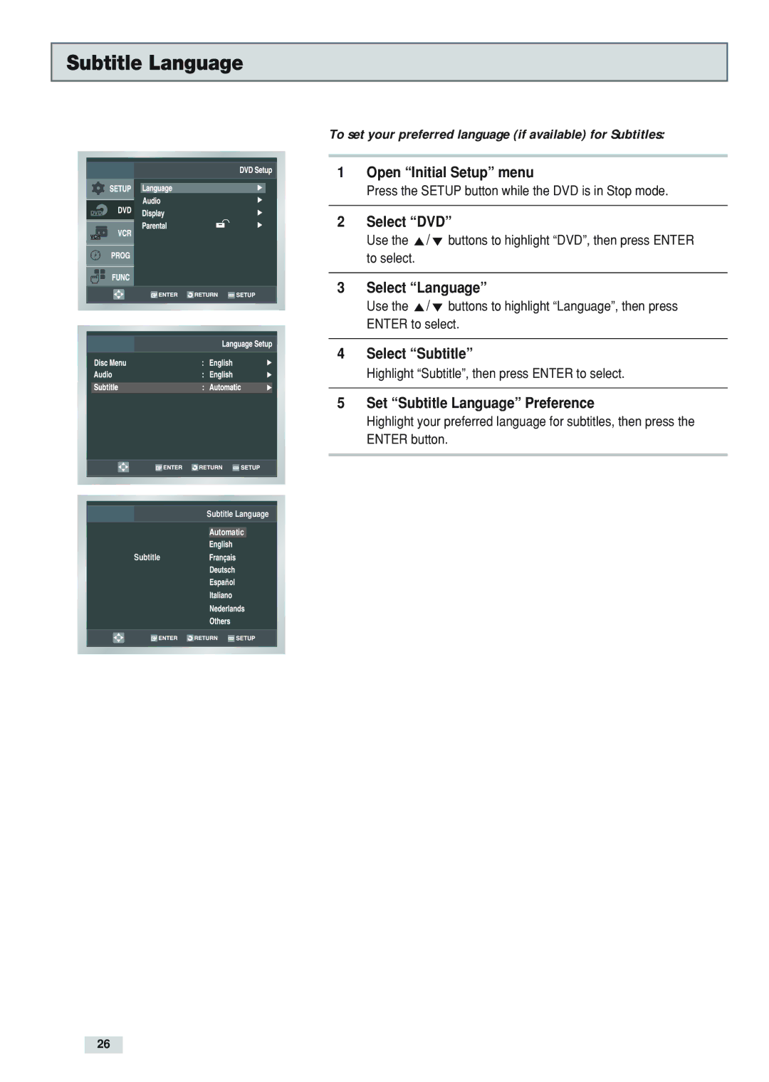 GoVideo DV3130 manual Select Subtitle, Set Subtitle Language Preference 