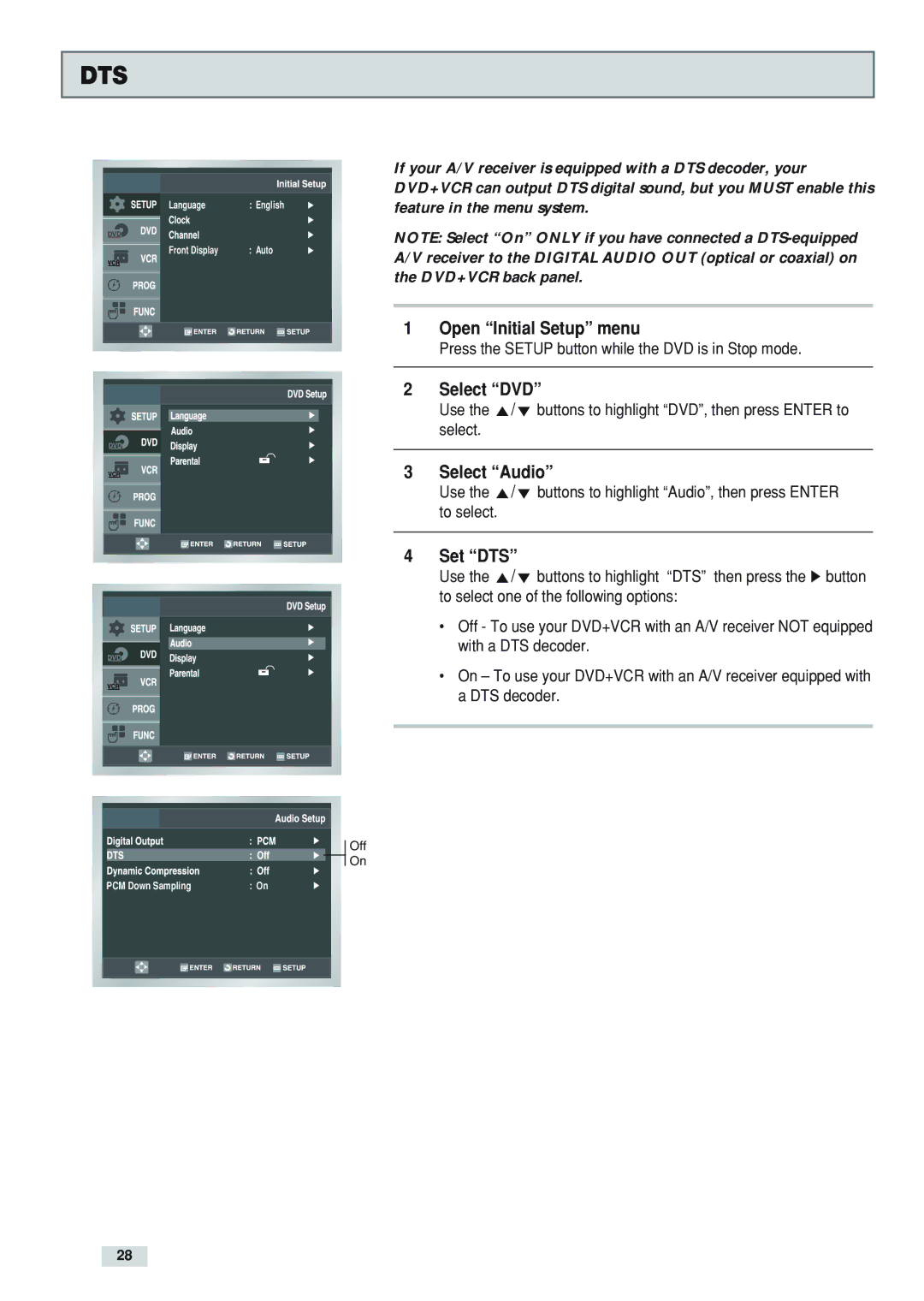 GoVideo DV3130 manual Dts, Set DTS 