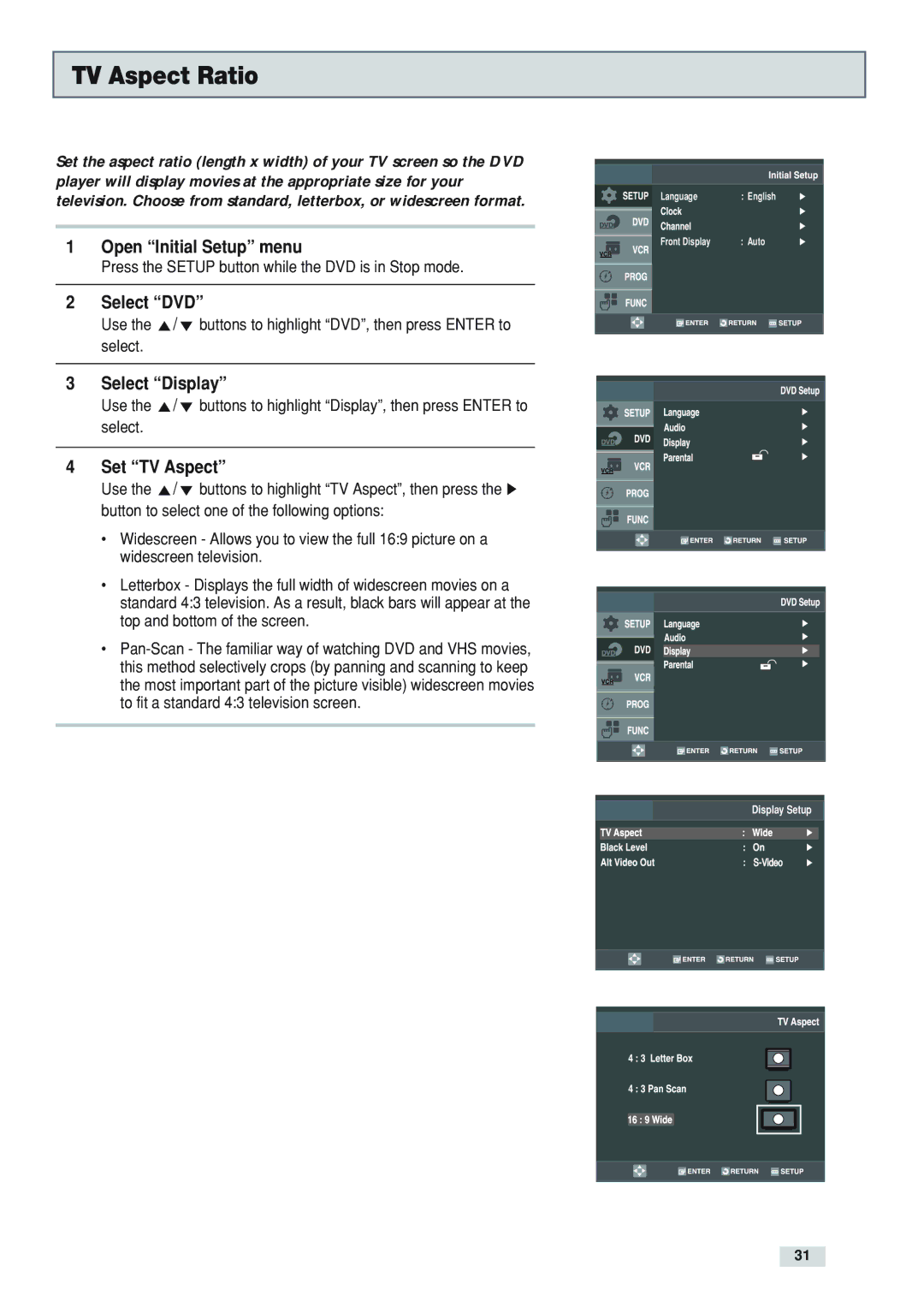 GoVideo DV3130 manual TV Aspect Ratio, Select Display, Set TV Aspect 